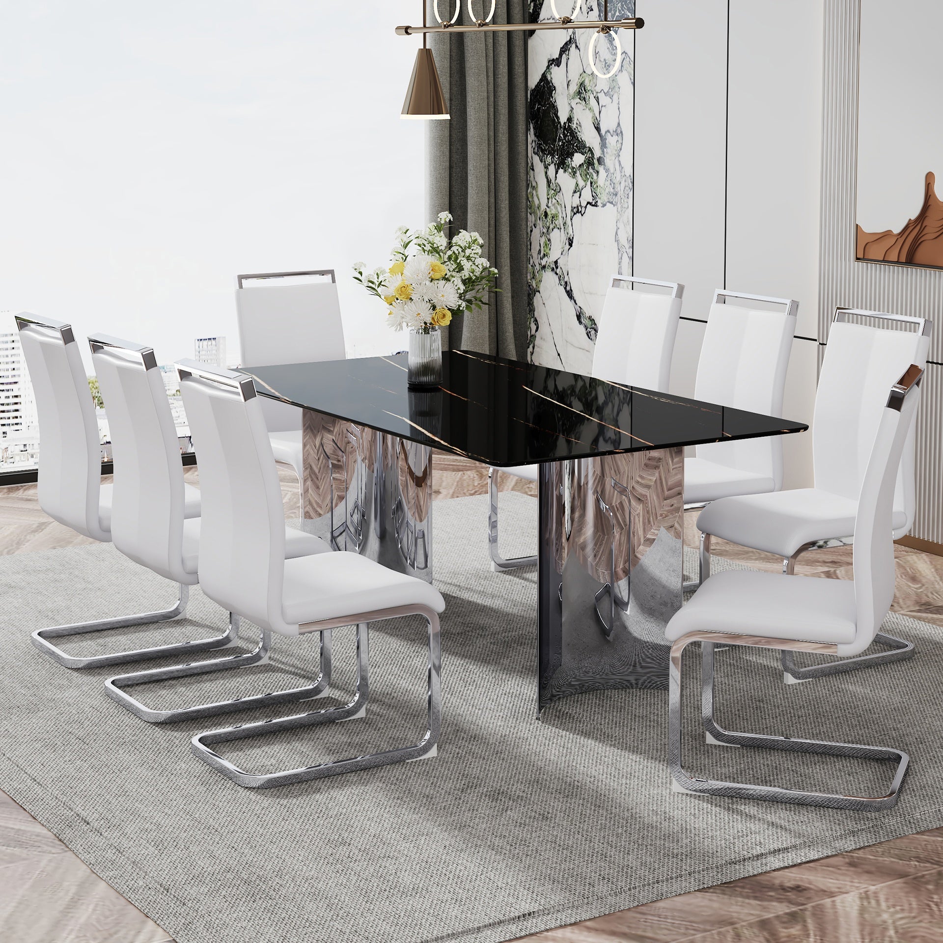 Table and chair set.The table has a glass top with imitation marble pattern stickers and stainless steel silver legs.Paired with 8 White PU Chairs with Silver C-tube Metal Leg.