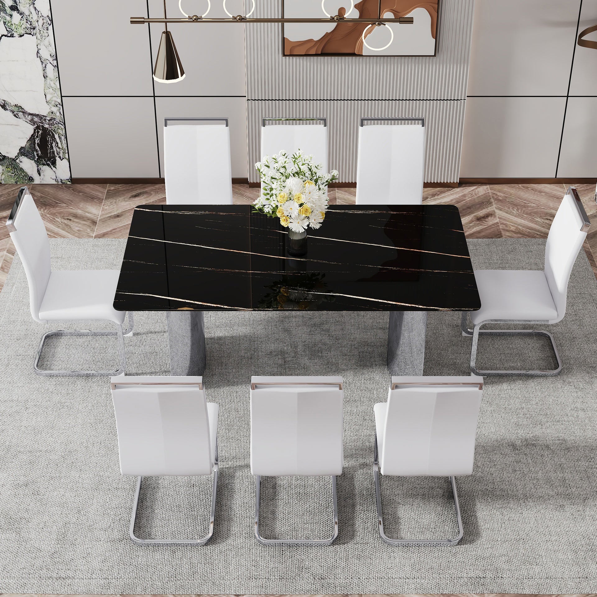 Table and chair set.The table has a glass top with imitation marble pattern stickers and stainless steel silver legs.Paired with 8 White PU Chairs with Silver C-tube Metal Leg.