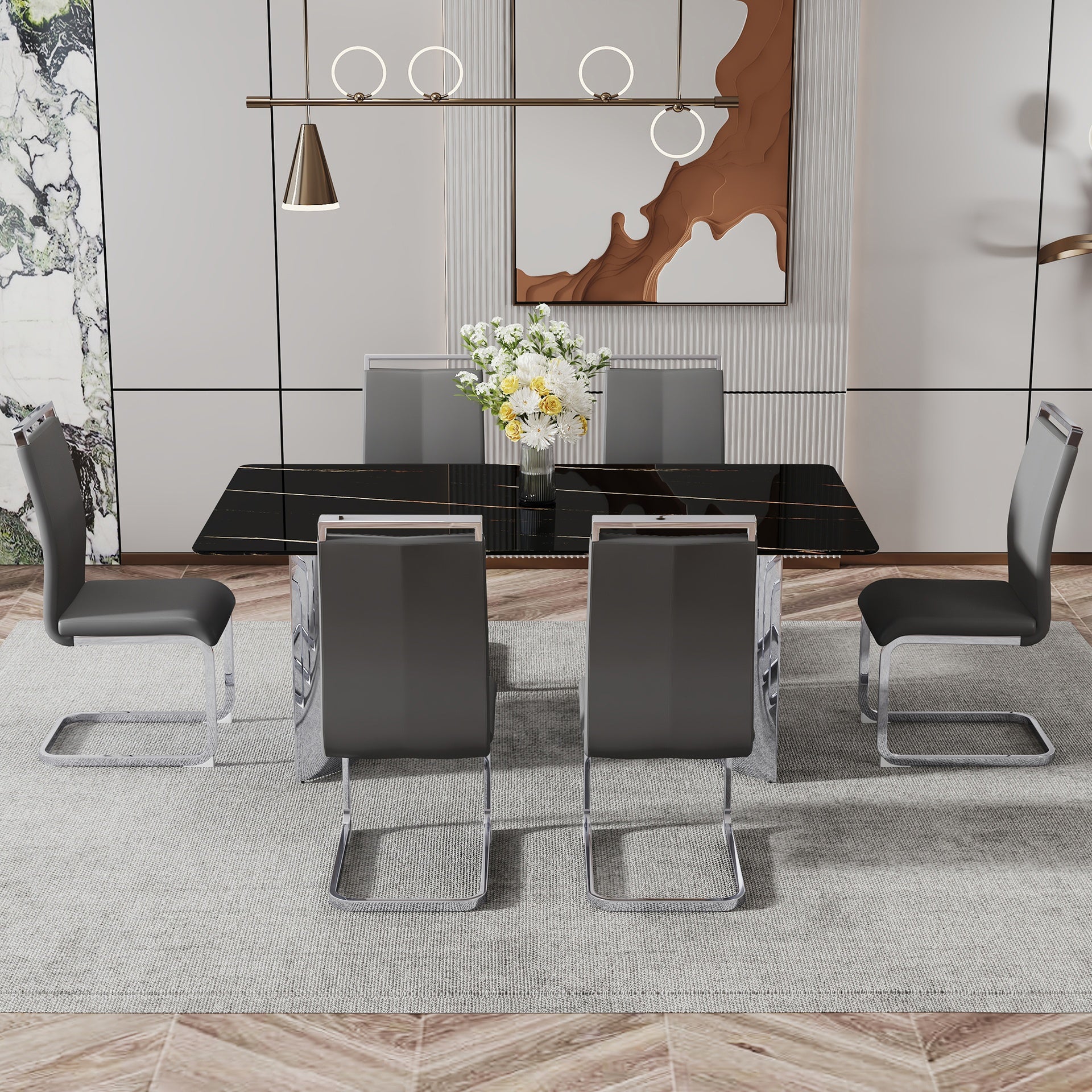 Table and chair set.The table has a glass top with imitation marble pattern stickers and stainless steel silver legs.Paired with 6 Dark Gray PU Chairs with Silver C-tube Metal Leg.