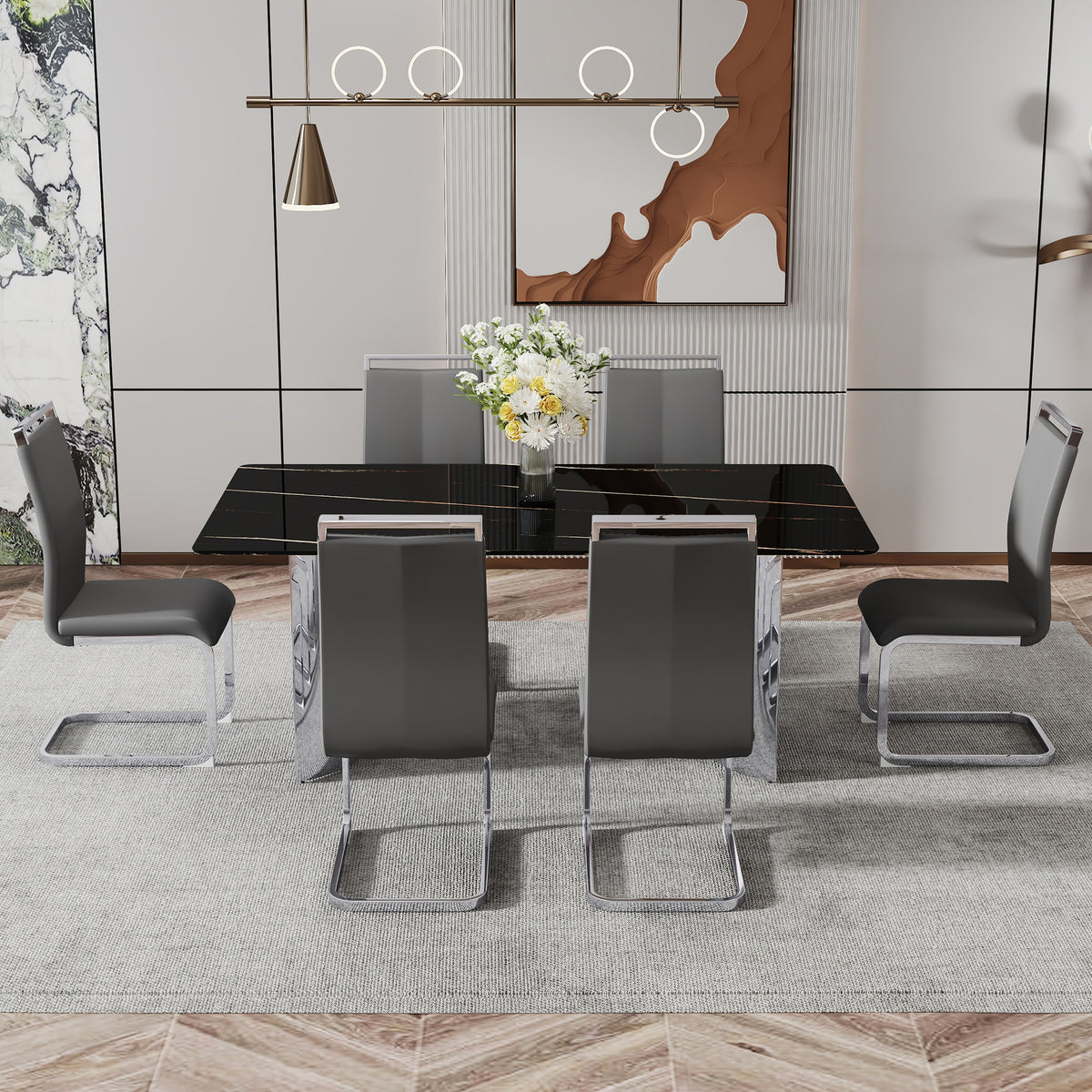 Table and chair set.The table has a glass top with imitation marble pattern stickers and stainless steel silver legs.Paired with 6 Dark Gray PU Chairs with Silver C-tube Metal Leg.