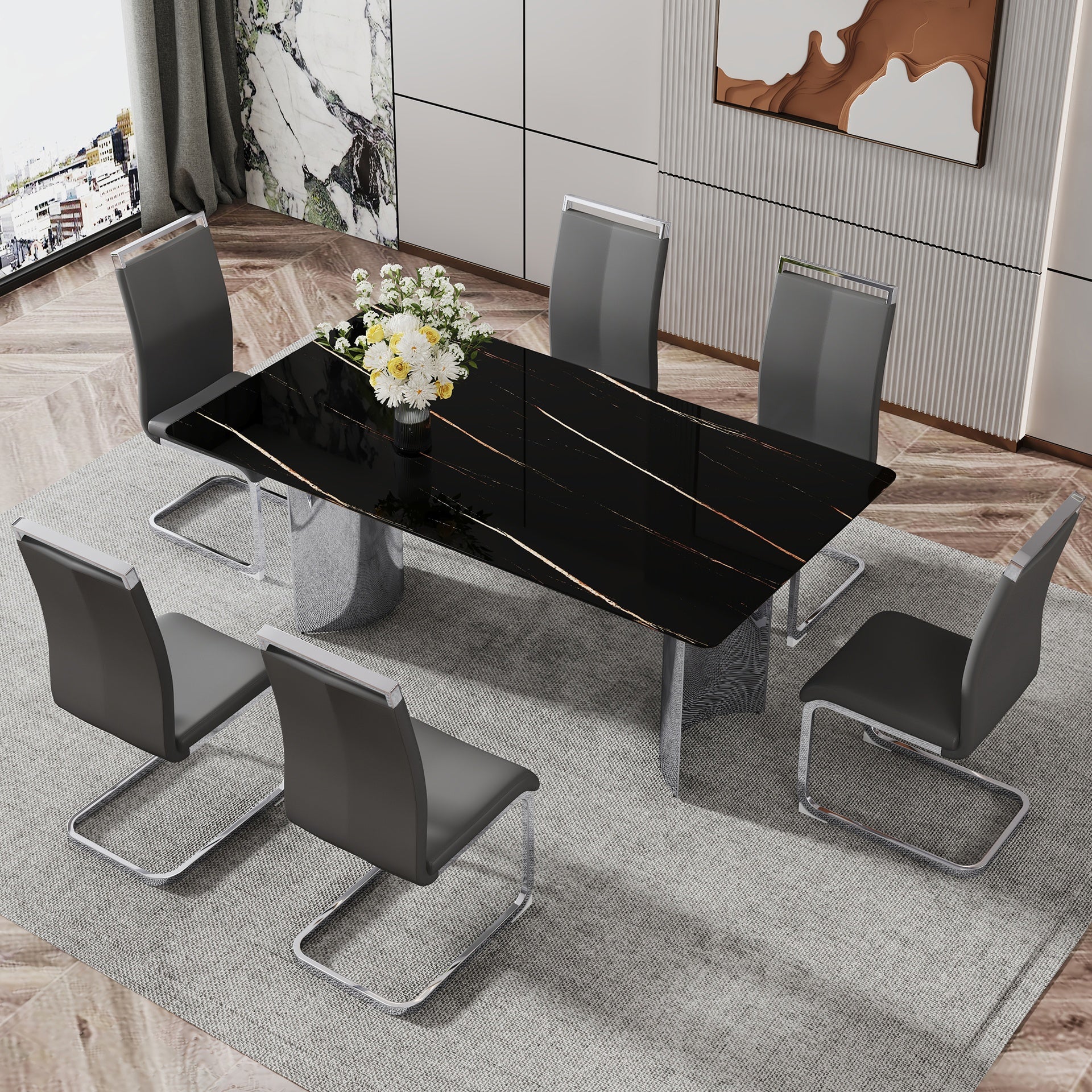 Table and chair set.The table has a glass top with imitation marble pattern stickers and stainless steel silver legs.Paired with 6 Dark Gray PU Chairs with Silver C-tube Metal Leg.