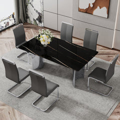 Table and chair set.The table has a glass top with imitation marble pattern stickers and stainless steel silver legs.Paired with 6 Dark Gray PU Chairs with Silver C-tube Metal Leg.