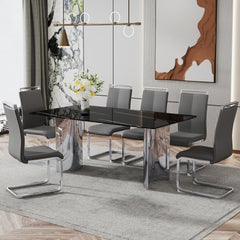 Table and chair set.The table has a glass top with imitation marble pattern stickers and stainless steel silver legs.Paired with 6 Dark Gray PU Chairs with Silver C-tube Metal Leg.