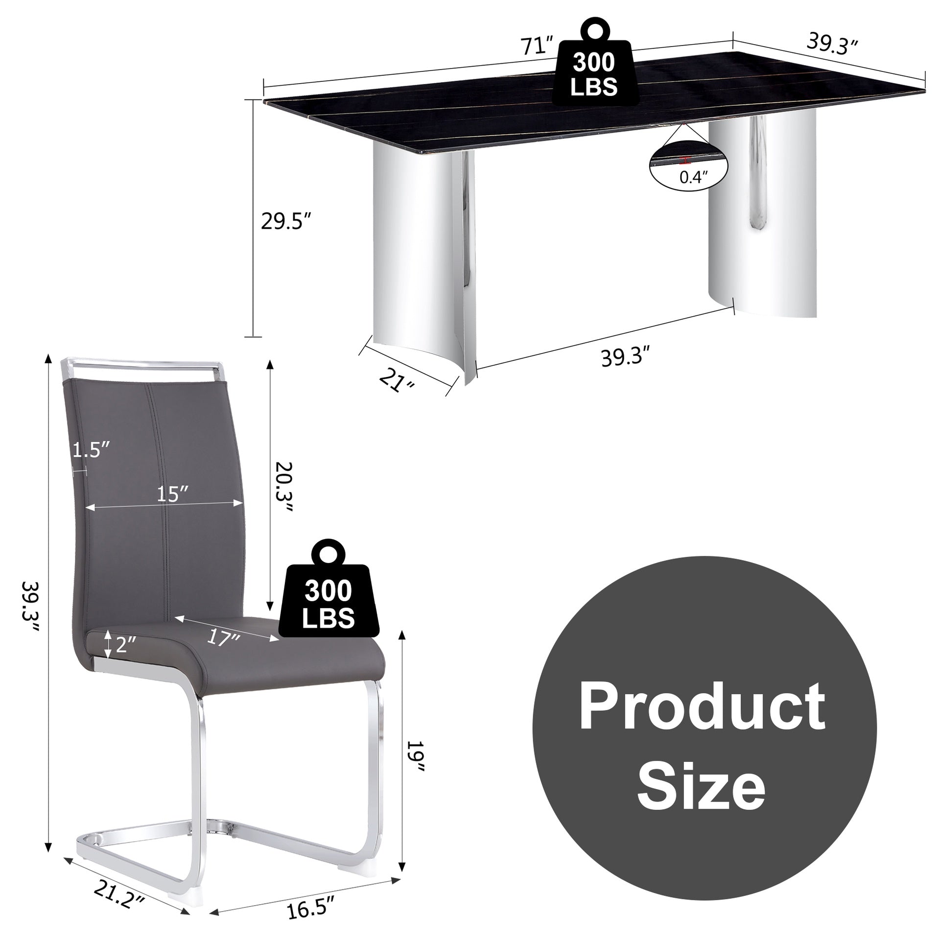 Table and chair set.The table has a glass top with imitation marble pattern stickers and stainless steel silver legs.Paired with 6 Dark Gray PU Chairs with Silver C-tube Metal Leg.
