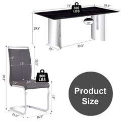 Table and chair set.The table has a glass top with imitation marble pattern stickers and stainless steel silver legs.Paired with 6 Dark Gray PU Chairs with Silver C-tube Metal Leg.