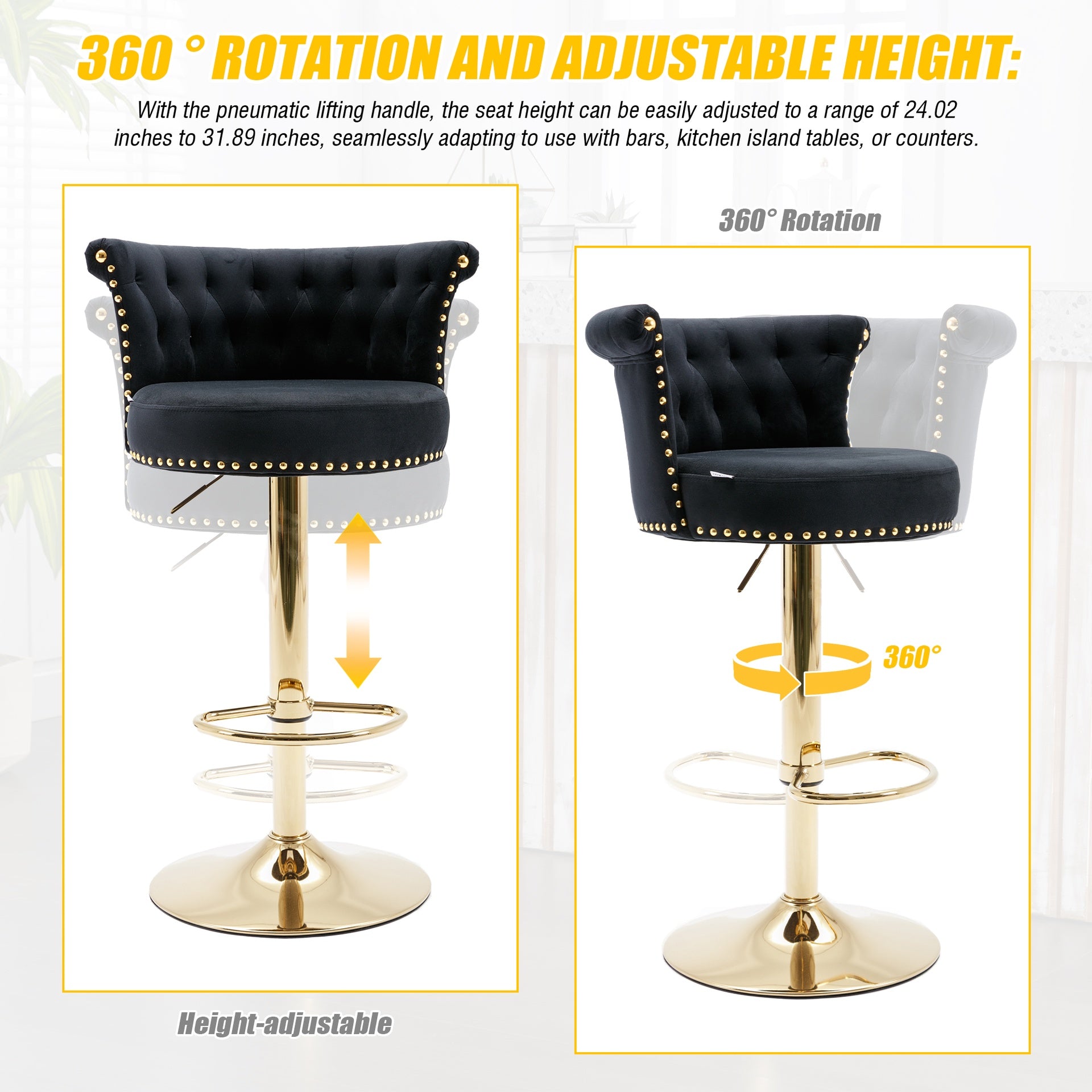 UNITED WE WIN Velvet 360 ° Rotating Bar Chair, Handmade Backrest with One Click Adjustable Height Bar Chair, Very Soft Pillow Kitchen Dining Chair, Modern Bar Chair on Kitchen Island, Cafe 2PC/SET