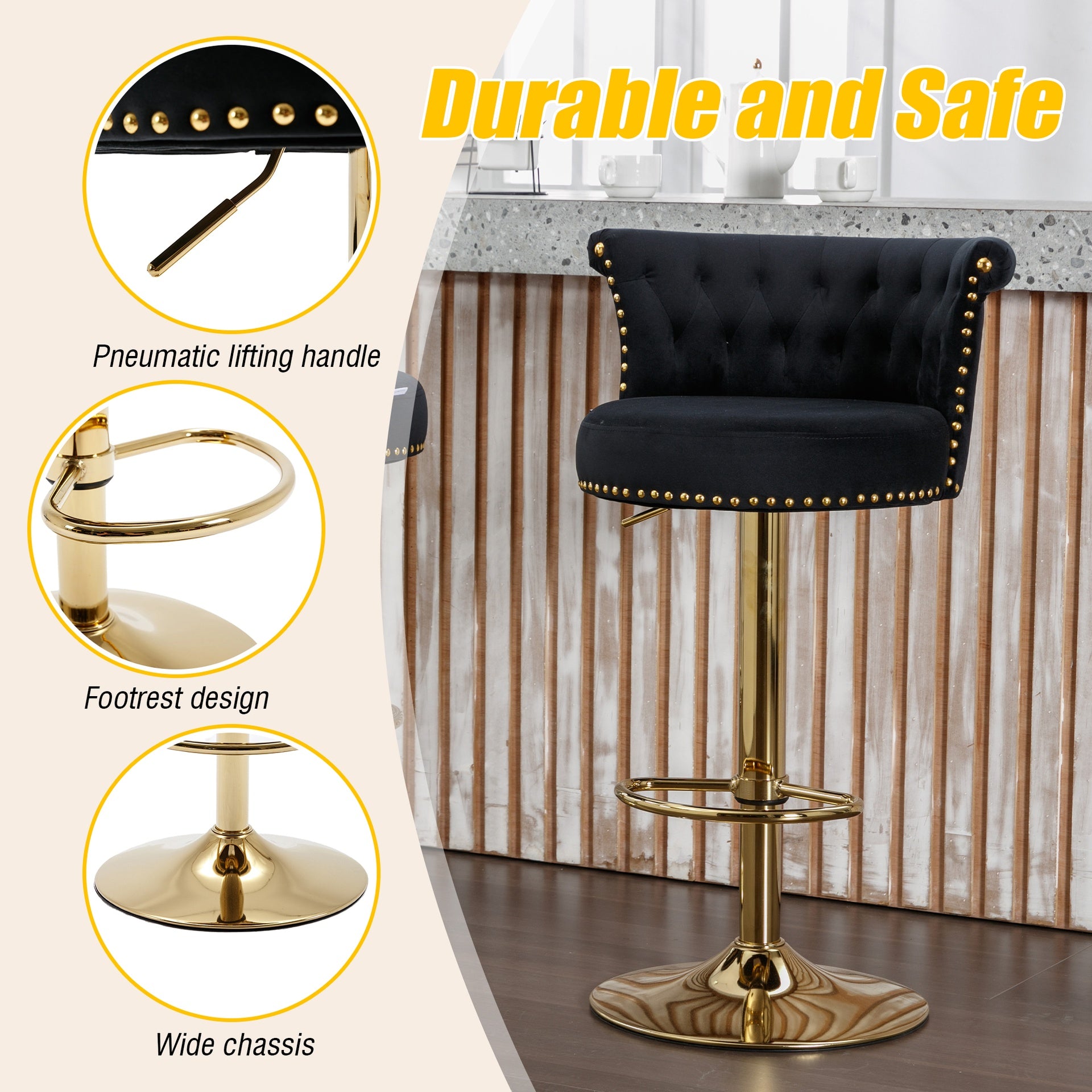 UNITED WE WIN Velvet 360 ° Rotating Bar Chair, Handmade Backrest with One Click Adjustable Height Bar Chair, Very Soft Pillow Kitchen Dining Chair, Modern Bar Chair on Kitchen Island, Cafe 2PC/SET