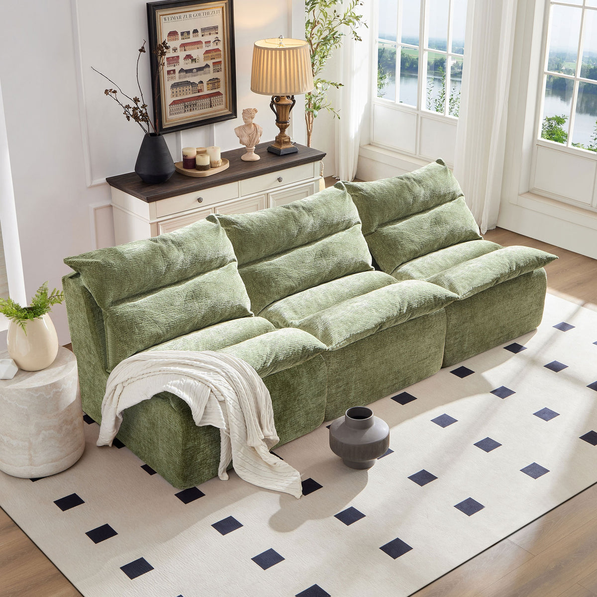 3 Seat Chair Sofa Lounge Chair With Backrest Fully Compressed Sofa Suitable For Living Room, Bedroom, Polyester,GREEN