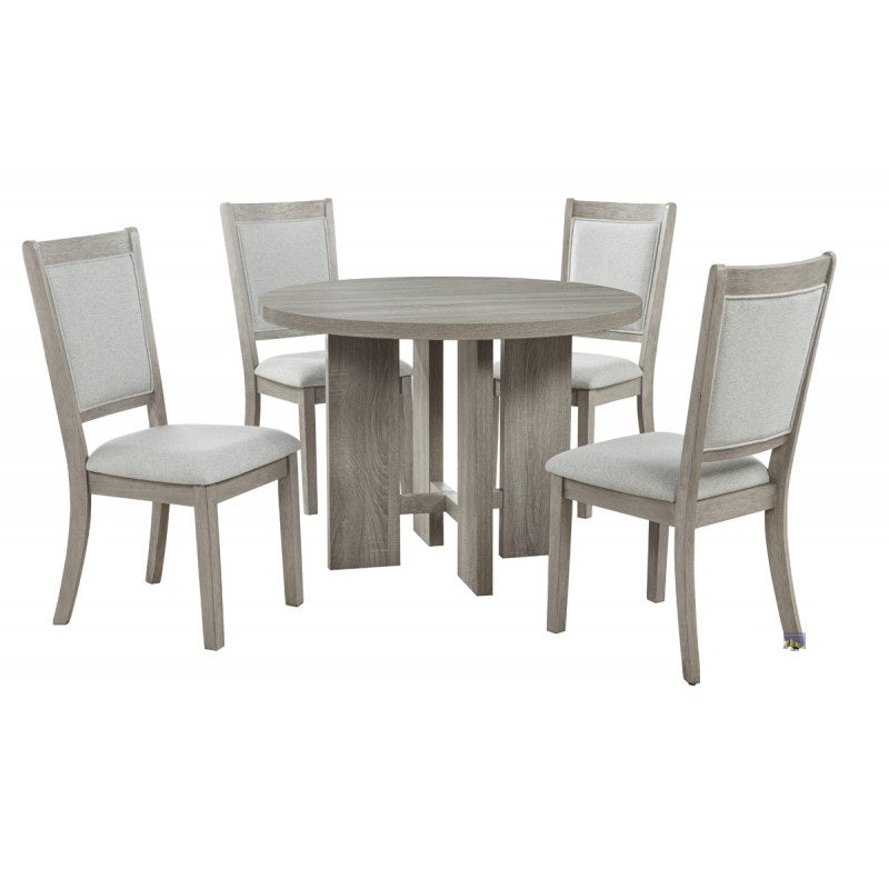 Farmhouse Style 5pc Round Dining Set, 42" Wood Round Dining Table and 4 Upholstered Side Chair, Gray