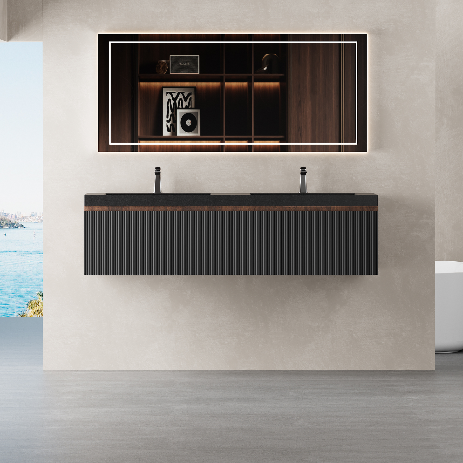 60'' Floating Bathroom Vanity with Sink, Wall-Mounted Striped Bathroom Storage Cabinet with Soft-Close Drawers and Double Quartz Sand Basins, Fully Assembled, Smoked Walnut 24V16-60WAB-W1920P385464