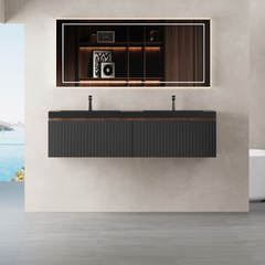 60'' Floating Bathroom Vanity with Sink, Wall-Mounted Striped Bathroom Storage Cabinet with Soft-Close Drawers and Double Quartz Sand Basins, Fully Assembled, Smoked Walnut 24V16-60WAB-W1920P385464