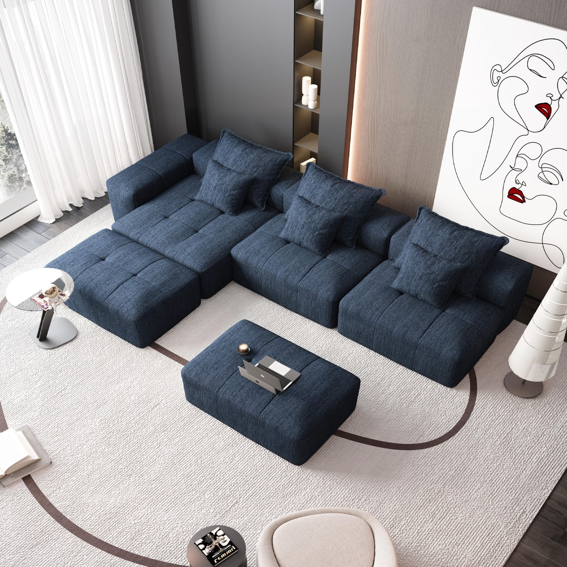 Modern Oversized Modular Sectional Sofa,Sparkling Chenille Fabric Soft Cushion Sofa with 6 Pillows,6 PCS DIY Combination Tufted Sofa,No Assembly Required,BLUE