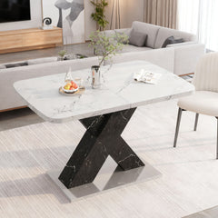 47.24"-62.99"Modern Rectangle Dining Table, Stretchable, Printed White Marble Table Top+MDF Black X-Shape Table Leg with Metal Base (Same SKU:W757P242764)