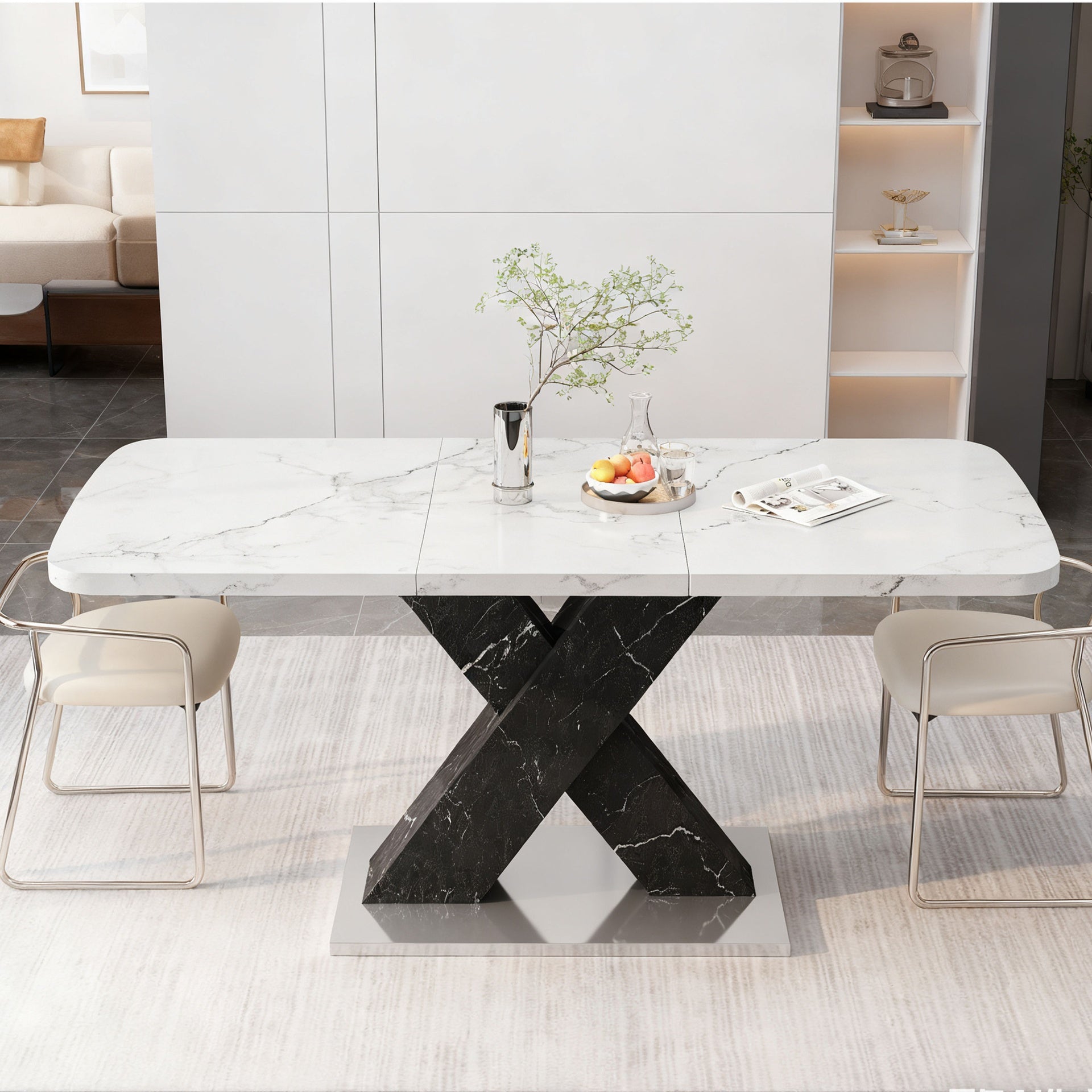 47.24"-62.99"Modern Rectangle Dining Table, Stretchable, Printed White Marble Table Top+MDF Black X-Shape Table Leg with Metal Base (Same SKU:W757P242764)