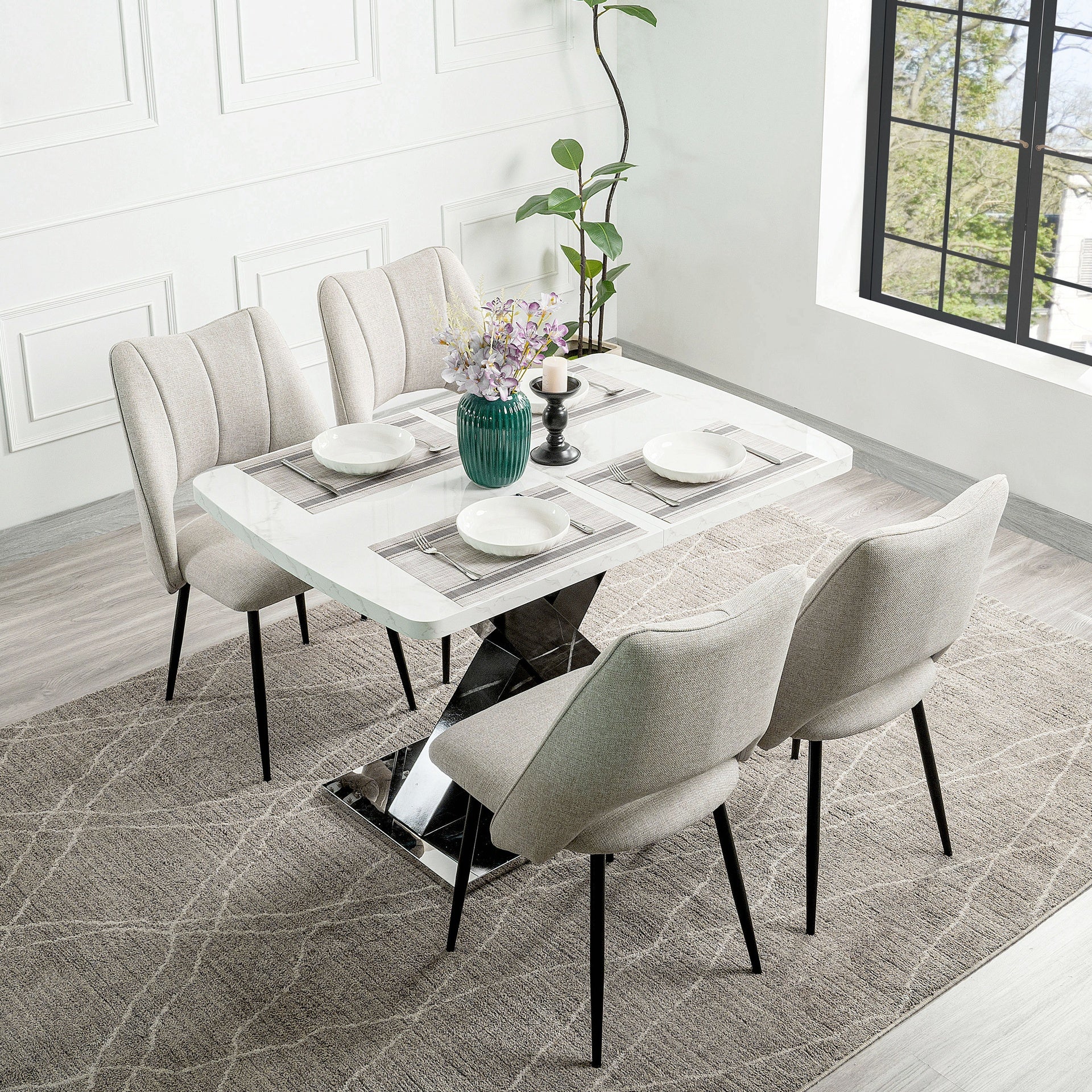 47.24"-62.99"Modern Rectangle Dining Table, Stretchable, Printed White Marble Table Top+MDF Black X-Shape Table Leg with Metal Base (Same SKU:W757P242764)