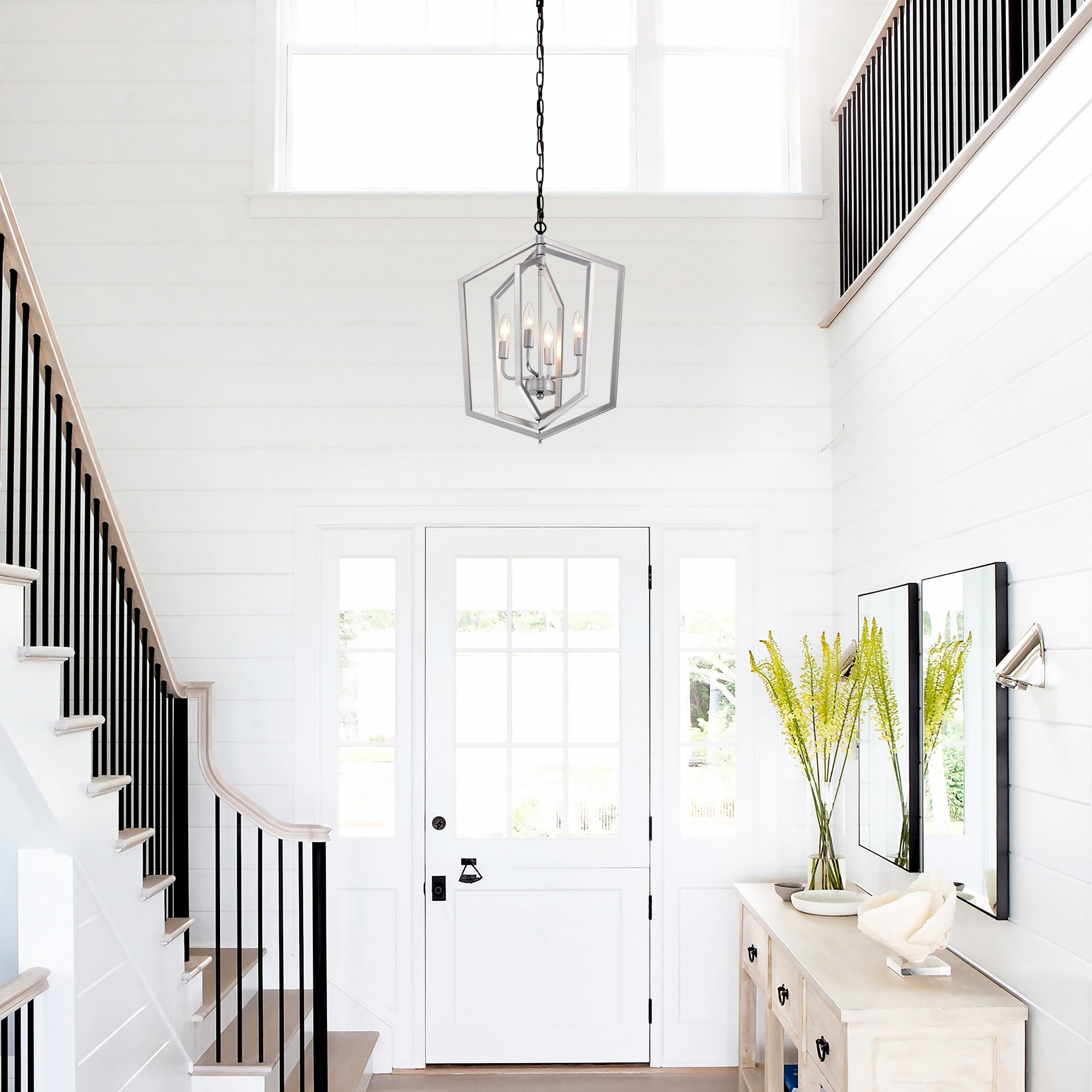 4-Light  Farmhouse Chandeliers, Matte Black and Sliver + Matte Black Vintage  Cage Light Fixture ,Adjustable Height  Chandeliers for Dining Room, Bedroom, Living Room, Confere (E12 Bulbs Not Included)