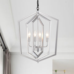 4-Light  Farmhouse Chandeliers, Matte Black and Sliver + Matte Black Vintage  Cage Light Fixture ,Adjustable Height  Chandeliers for Dining Room, Bedroom, Living Room, Confere (E12 Bulbs Not Included)