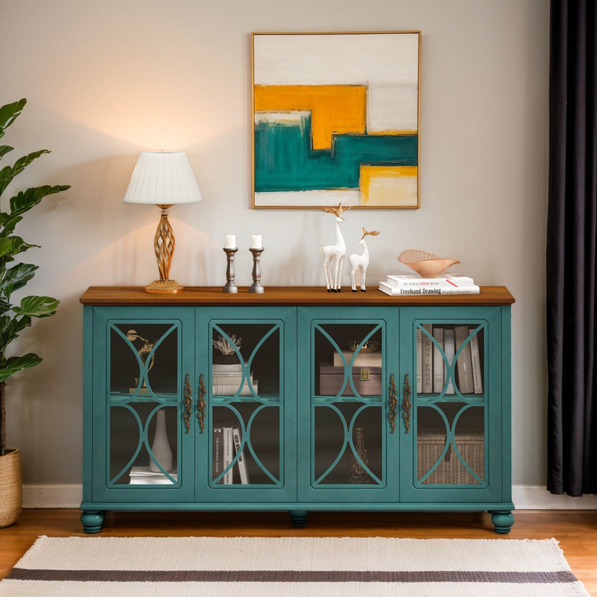 Elegant European Antique Style 4-Door Cabinet with Tempered Glass Doors,for Dining Room,Living Room,Hallway,Easy Assembly,Dark Green