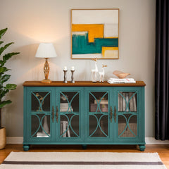 Elegant European Antique Style 4-Door Cabinet with Tempered Glass Doors,for Dining Room,Living Room,Hallway,Easy Assembly,Dark Green