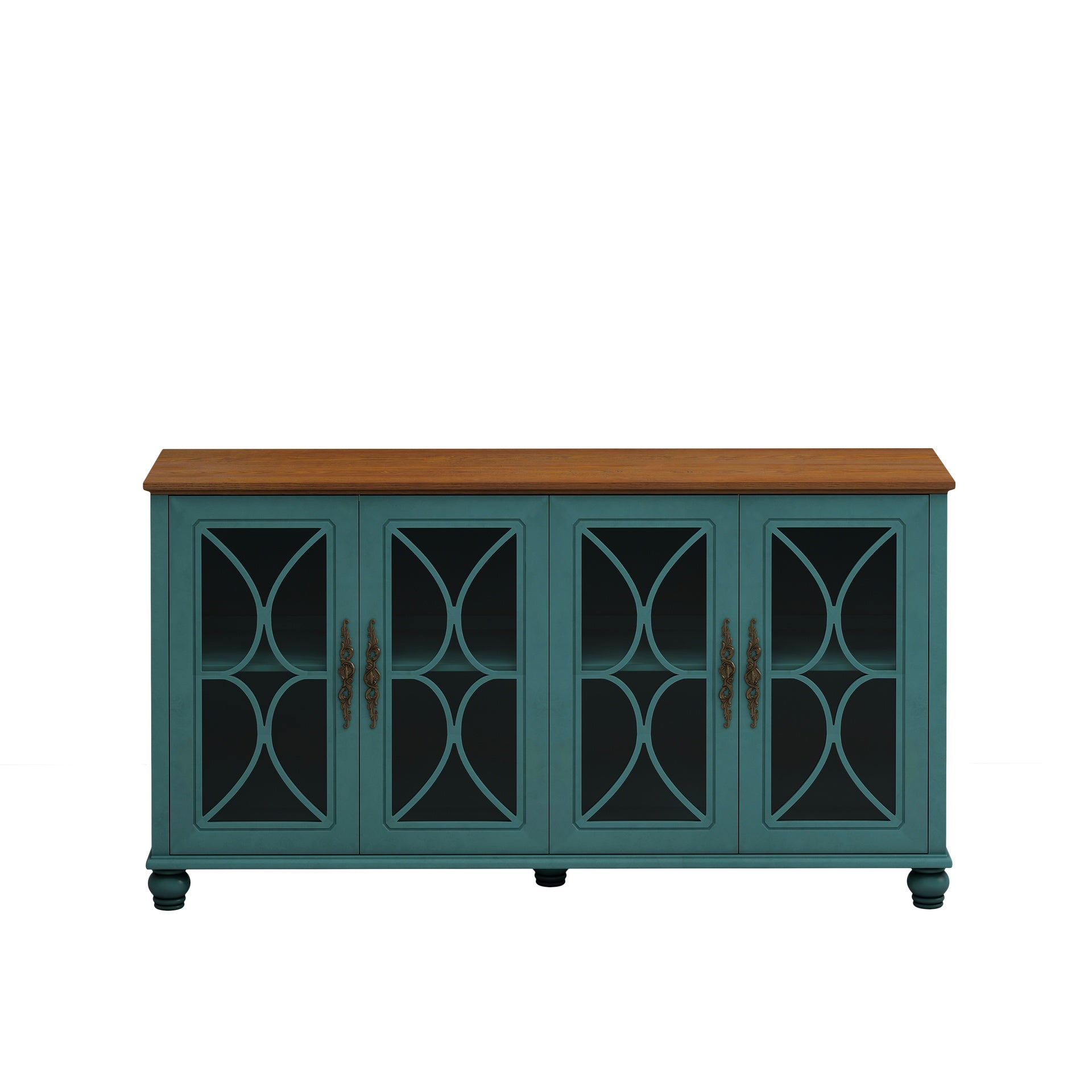 Elegant European Antique Style 4-Door Cabinet with Tempered Glass Doors,for Dining Room,Living Room,Hallway,Easy Assembly,Dark Green