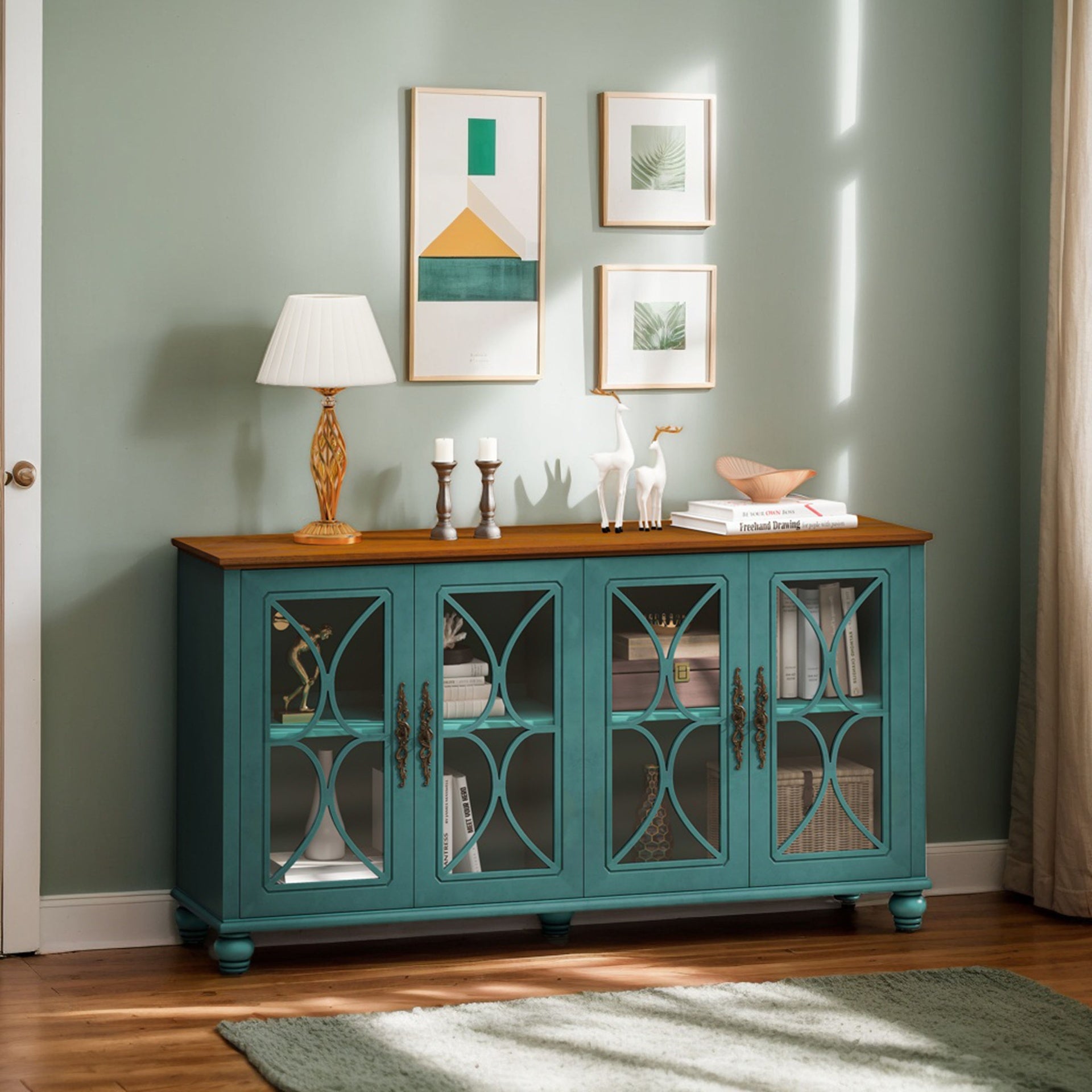 Elegant European Antique Style 4-Door Cabinet with Tempered Glass Doors,for Dining Room,Living Room,Hallway,Easy Assembly,Dark Green