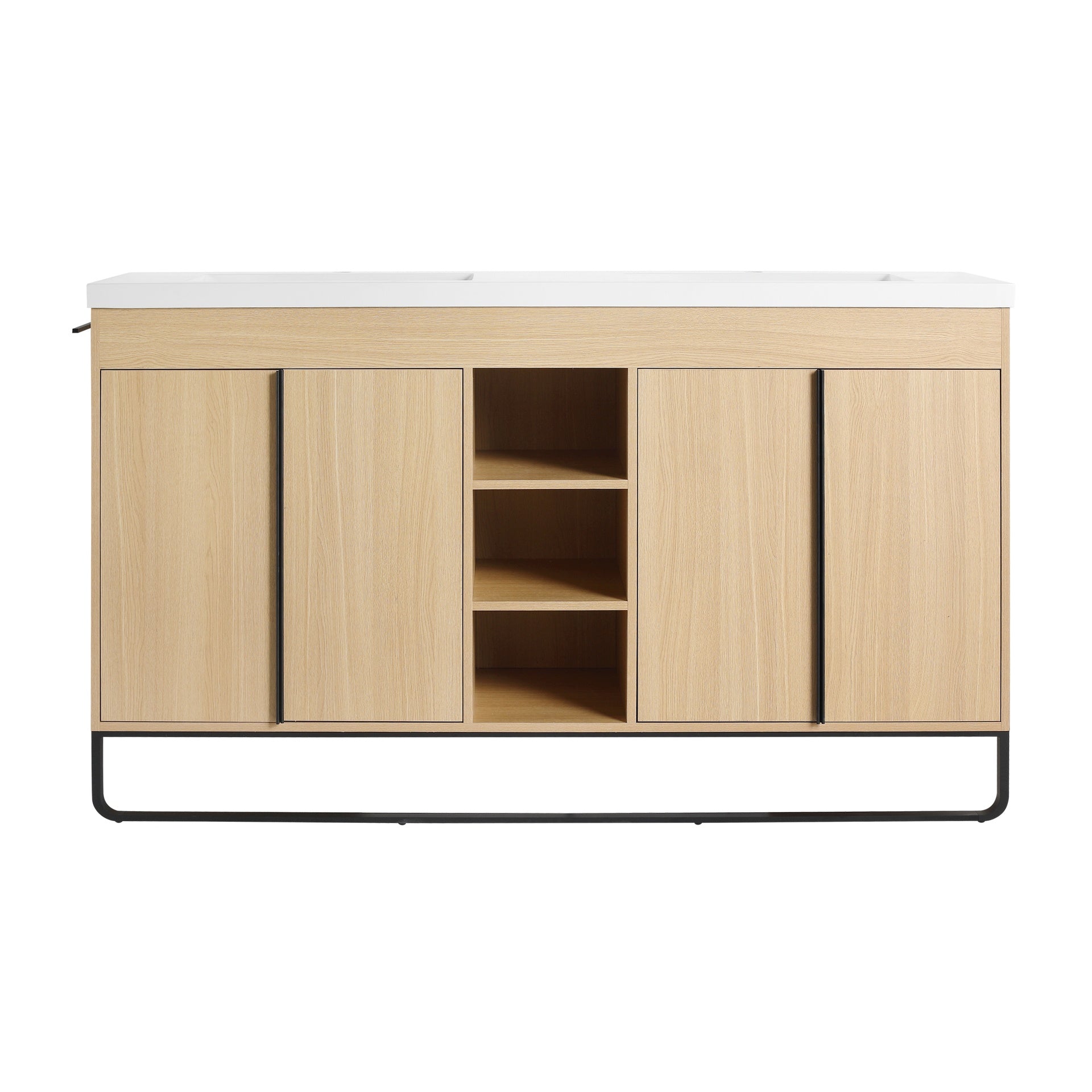 60" Freestanding Bathroom Vanity With Resin Double Sink, 4-Soft Close Door & 3-Open Storage Rack, KD-Packing, Plywood