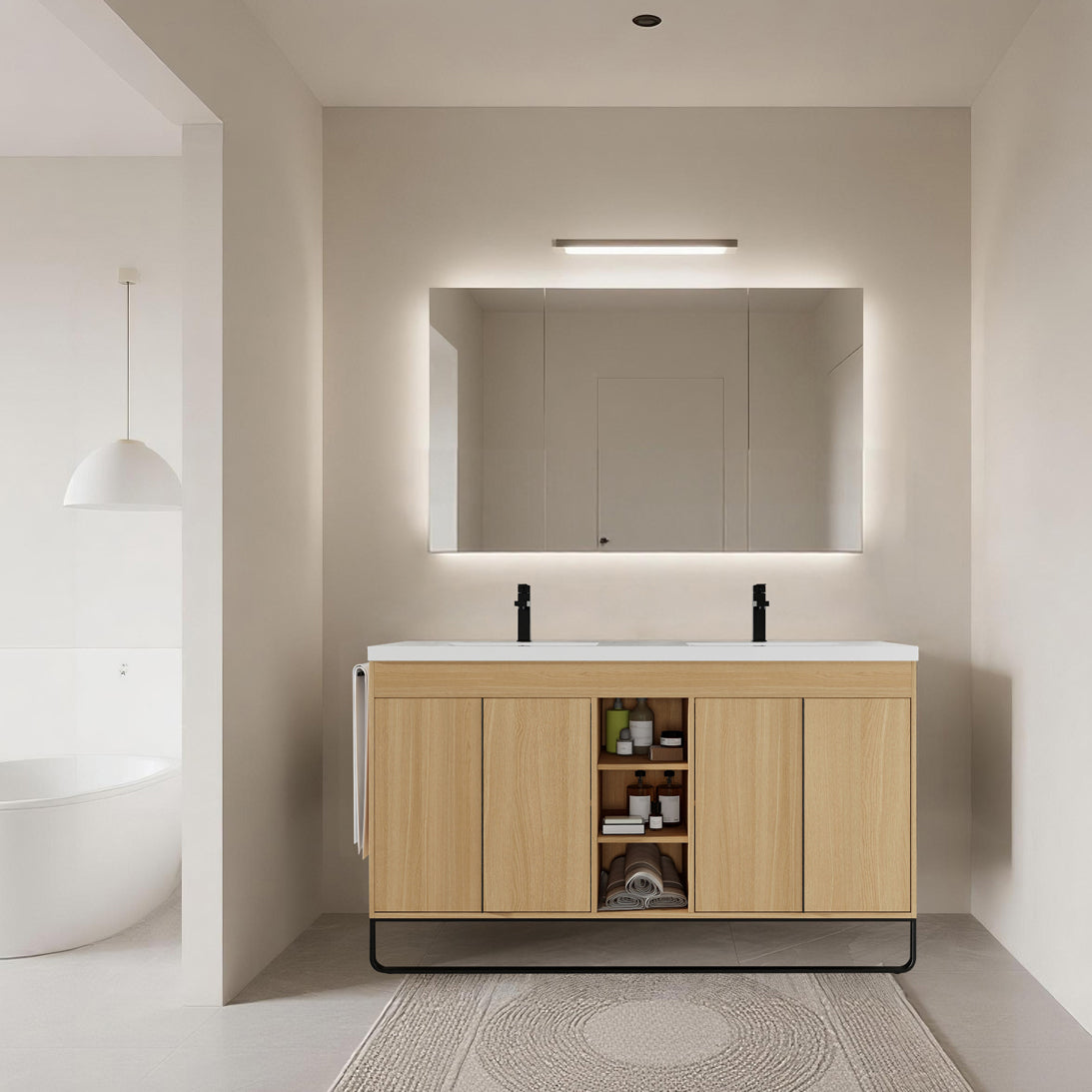 60" Freestanding Bathroom Vanity With Resin Double Sink, 4-Soft Close Door & 3-Open Storage Rack, KD-Packing, Plywood