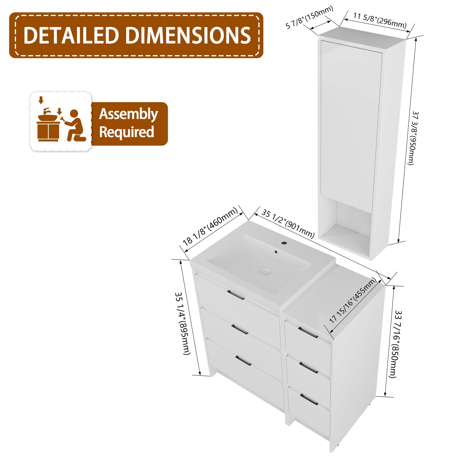 36" Freestanding Bathroom Vanity with Resin Sink, 1-Storage Cabinet and 1-Small Wall Cabinet Combination, Soft Closing Drawers and Door, Glossy White, Plywood(KD-Packing)