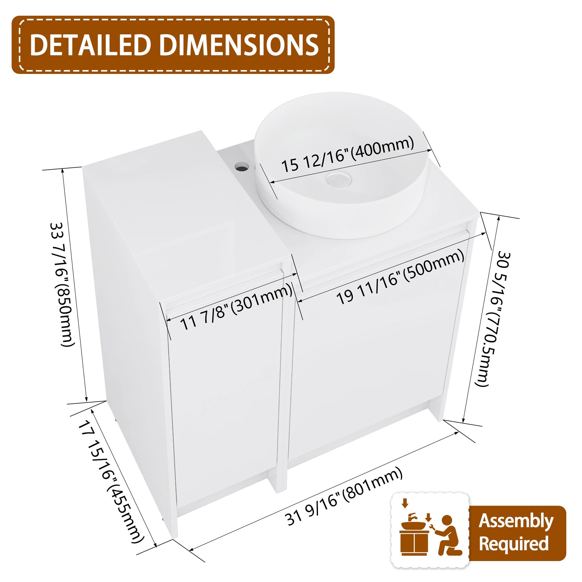 32" Freestanding Bathroom Vanity With Art Ceramic Sink, and 1-Small Storage Cabinet, Soft Close Doors, Glossy White, Plywood(KD-Packing)