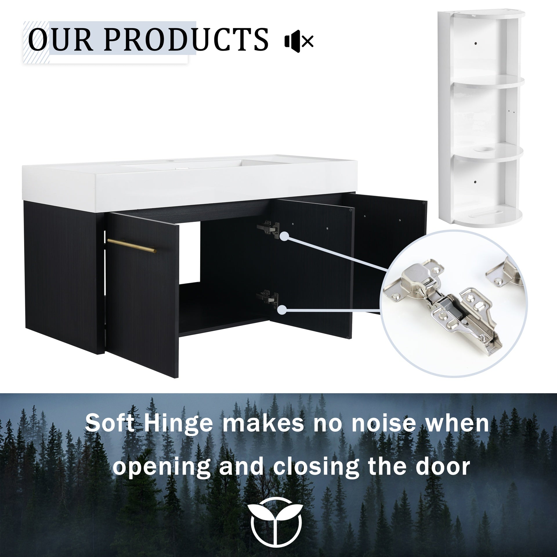 48 Inch Wall-Mounted Bathroom Vanity with Sink and Storage Rack, Thick Edged Resin Basin, KD-Package