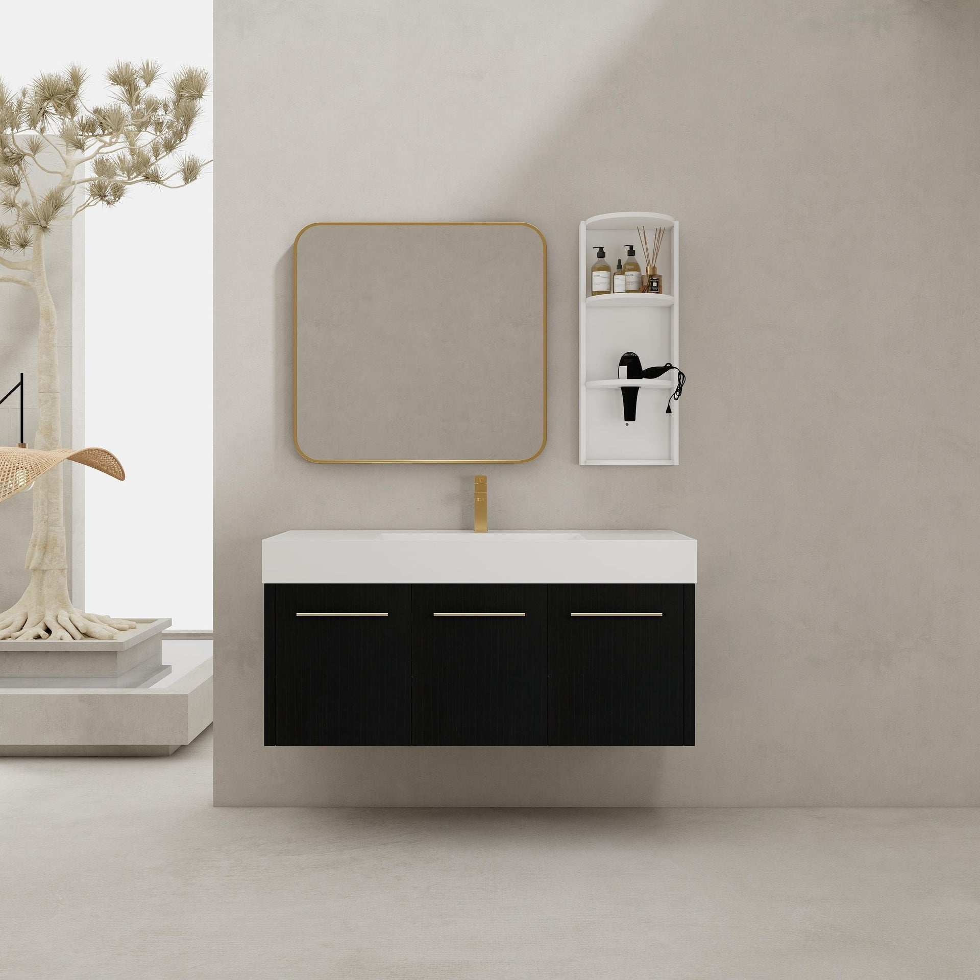 48 Inch Wall-Mounted Bathroom Vanity with Sink and Storage Rack, Thick Edged Resin Basin, KD-Package