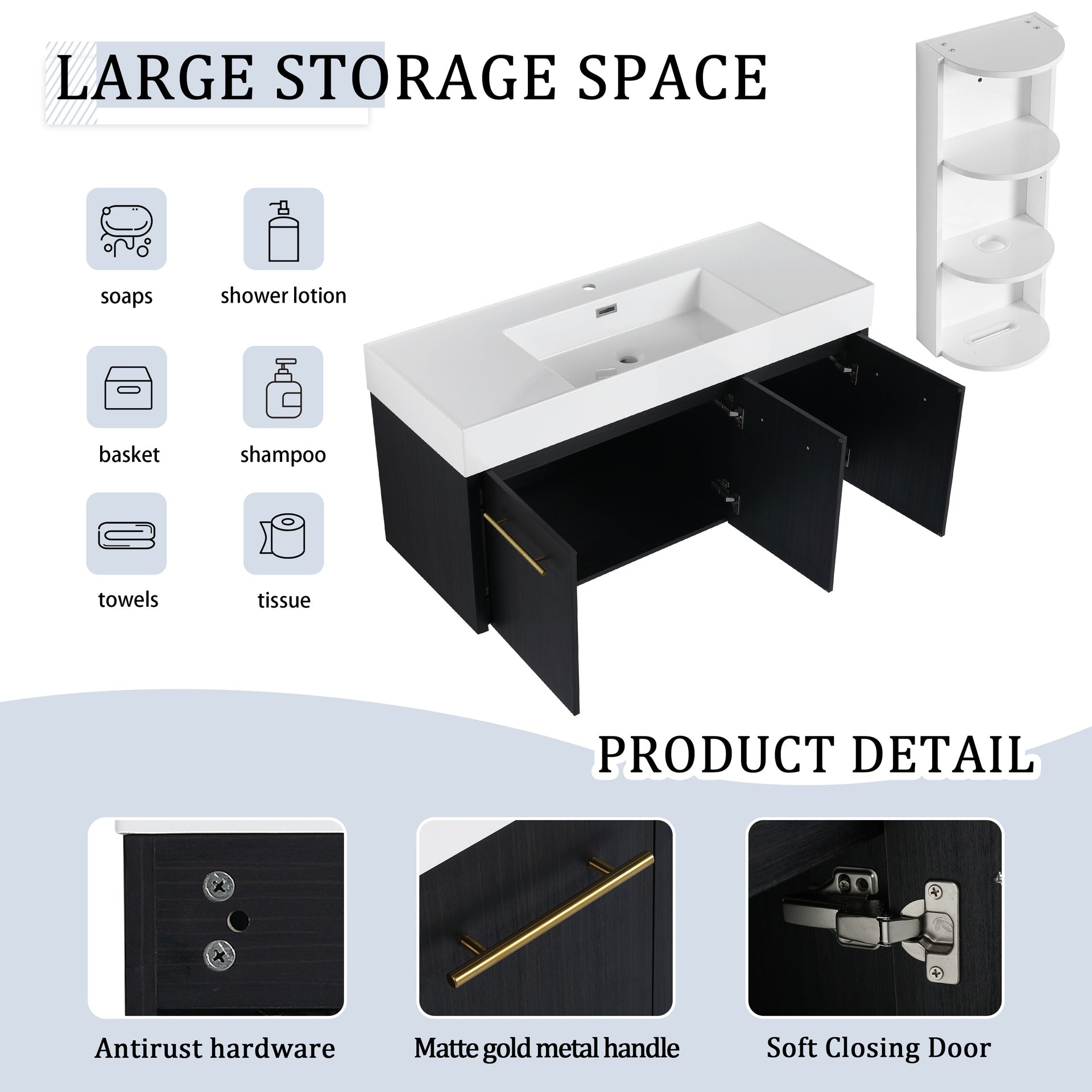 48 Inch Wall-Mounted Bathroom Vanity with Sink and Storage Rack, Thick Edged Resin Basin, KD-Package