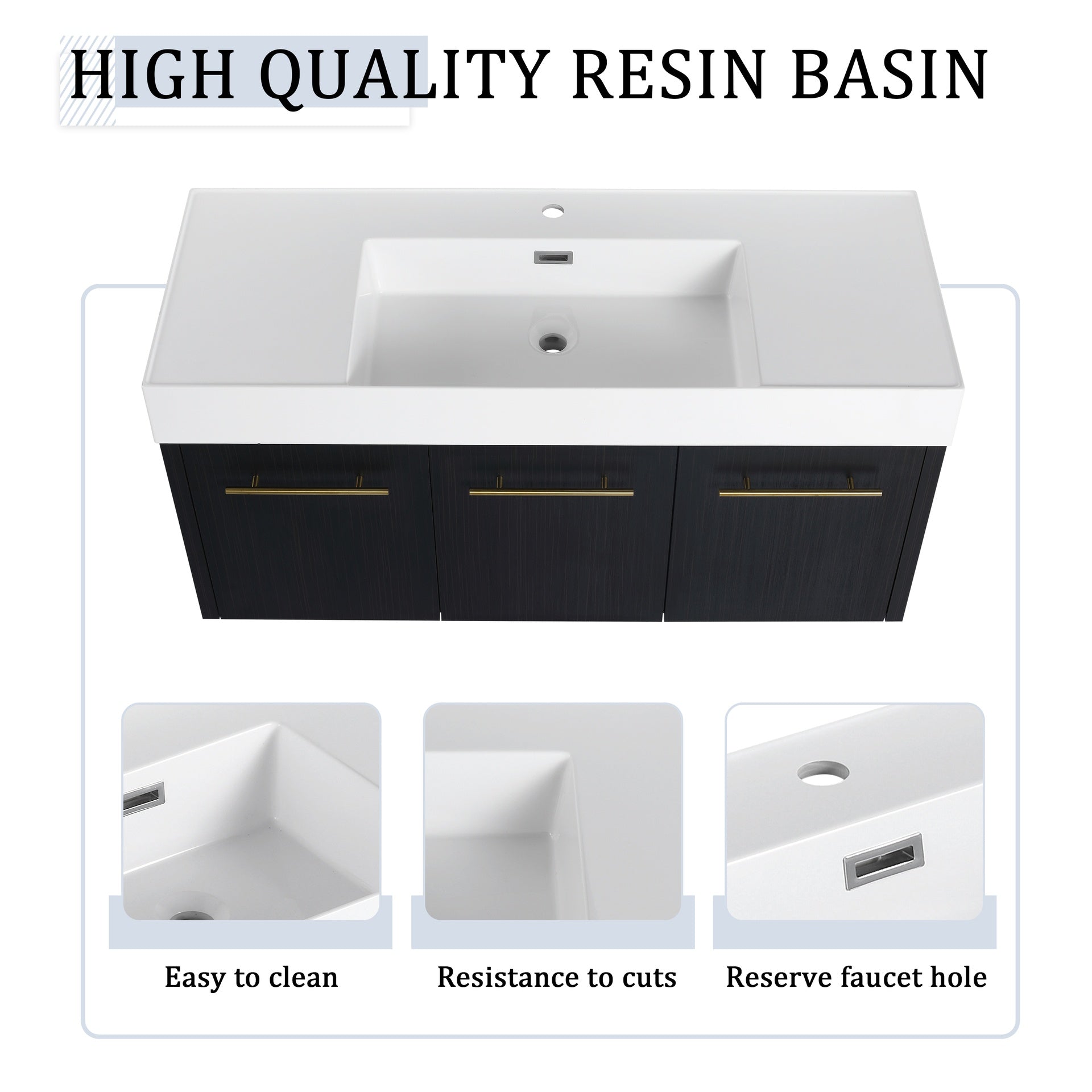 48 Inch Wall-Mounted Bathroom Vanity with Sink and Storage Rack, Thick Edged Resin Basin, KD-Package