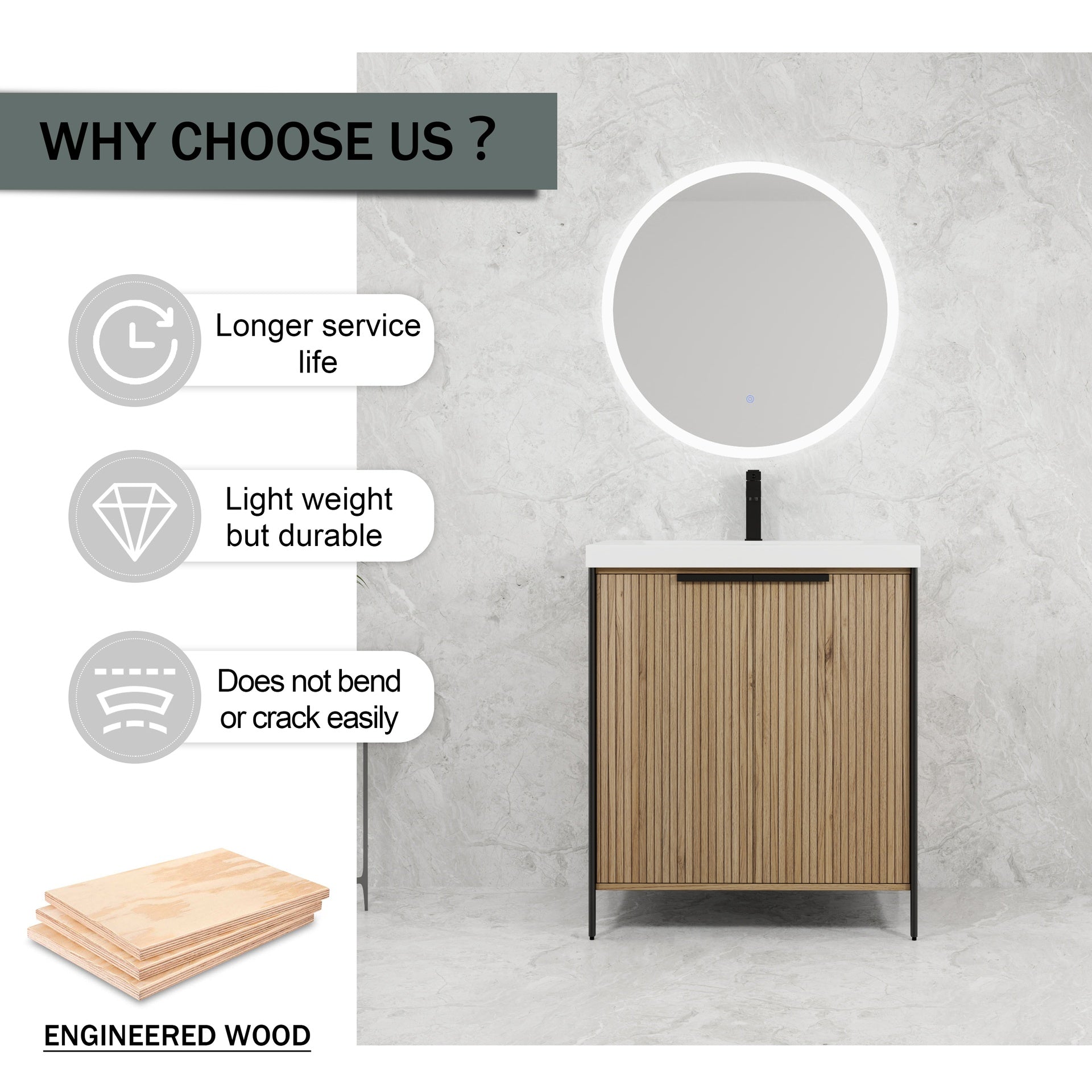 30" Freestanding Bathroom Vanity with Resin Sink & 2 Soft-Close Cabinet Doors (KD-Packing)