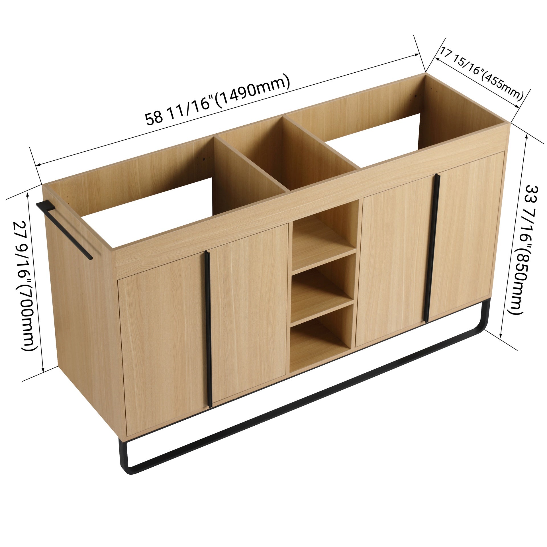 60" Freestanding Bathroom Cabinet, 4-Soft Close Door & 3-Open Storage Rack, KD-Packing (Vanity Only, Without Sink)