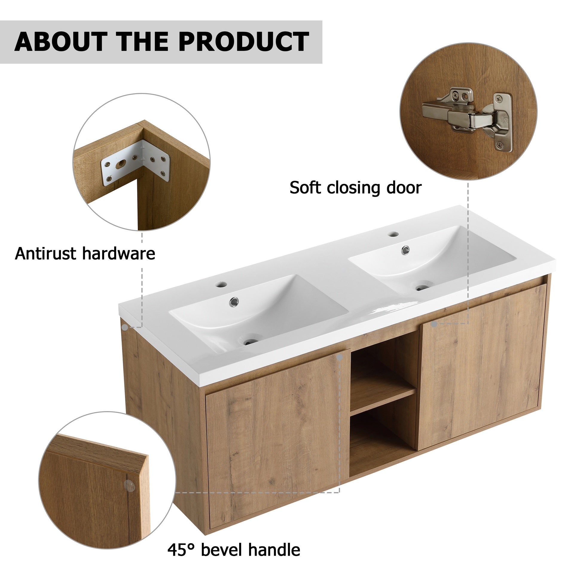 48" Wall Mounted Bathroom Vanity, Soft Closing Door Hinge & Open Storage Rack, KD-Package, BVB07248IMOX (Vanity Only, Excluding Sink)