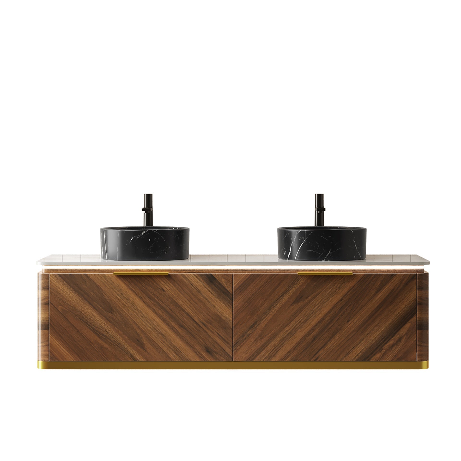 DIPA 60" Bathroom Vanity & Sinks, Floating Plywood Storage Cabinet, 2 Drawers with Sensor Light, 2 Black Stone Pattern Ceramic Round Basins & Sintered Stone Top, Pre-assembled, Dark Walnut Woodgrain