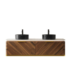 DIPA 60" Bathroom Vanity & Sinks, Floating Plywood Storage Cabinet, 2 Drawers with Sensor Light, 2 Black Stone Pattern Ceramic Round Basins & Sintered Stone Top, Pre-assembled, Dark Walnut Woodgrain