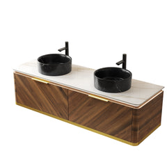 DIPA 60" Bathroom Vanity & Sinks, Floating Plywood Storage Cabinet, 2 Drawers with Sensor Light, 2 Black Stone Pattern Ceramic Round Basins & Sintered Stone Top, Pre-assembled, Dark Walnut Woodgrain