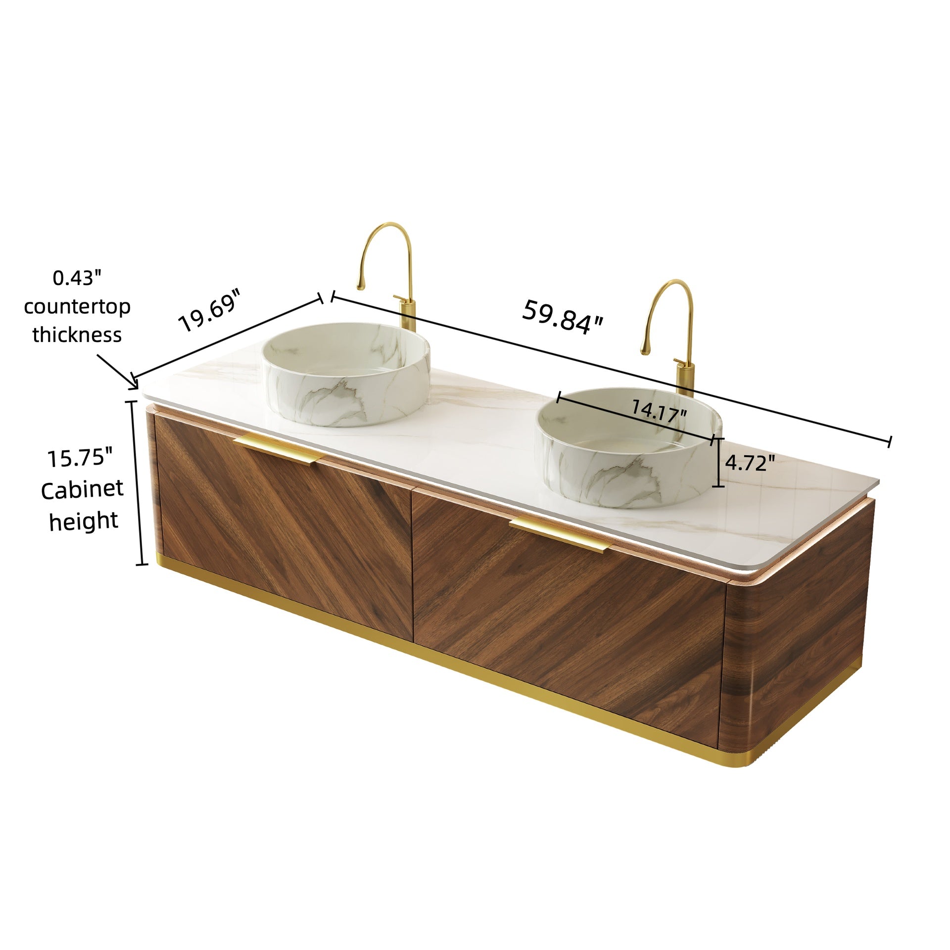 DIPA 60" Bathroom Vanity & Sinks, Floating Plywood Storage Cabinet, 2 Drawers with Sensor Light, 2 Stone Pattern Ceramic Vessel Basins & Sintered Stone Top, Pre-assembled, Dark Walnut Woodgrain Color