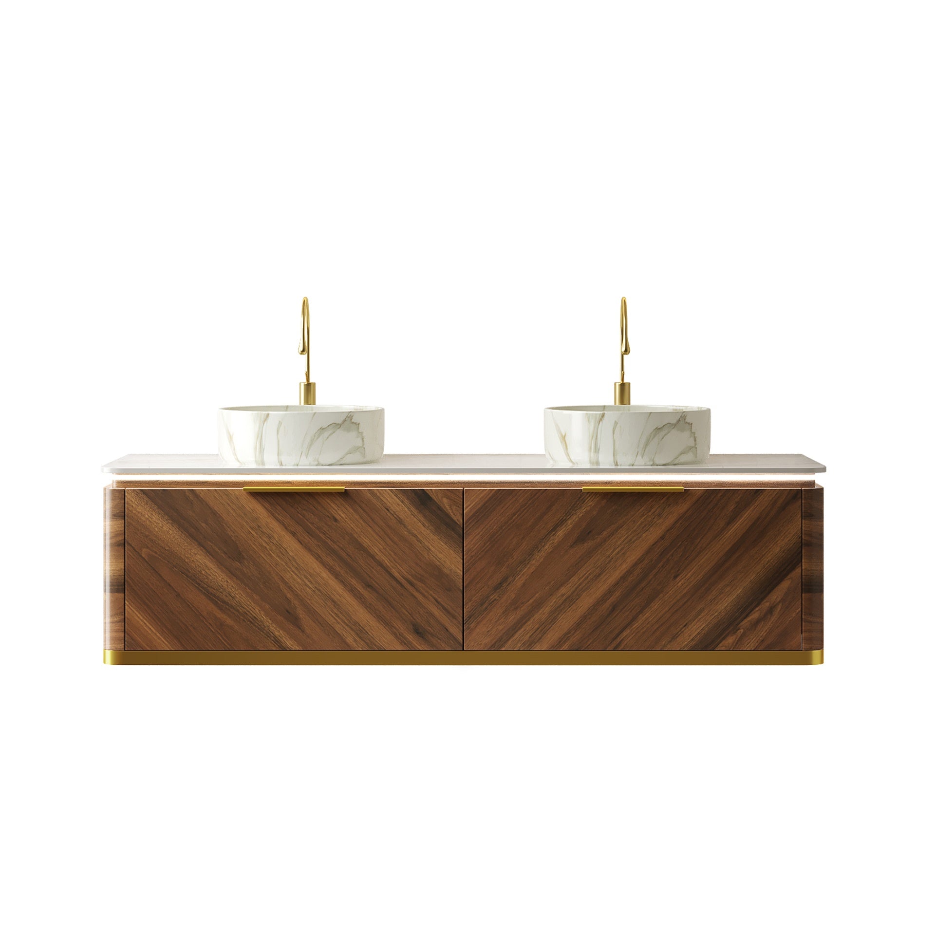 DIPA 60" Bathroom Vanity & Sinks, Floating Plywood Storage Cabinet, 2 Drawers with Sensor Light, 2 Stone Pattern Ceramic Vessel Basins & Sintered Stone Top, Pre-assembled, Dark Walnut Woodgrain Color