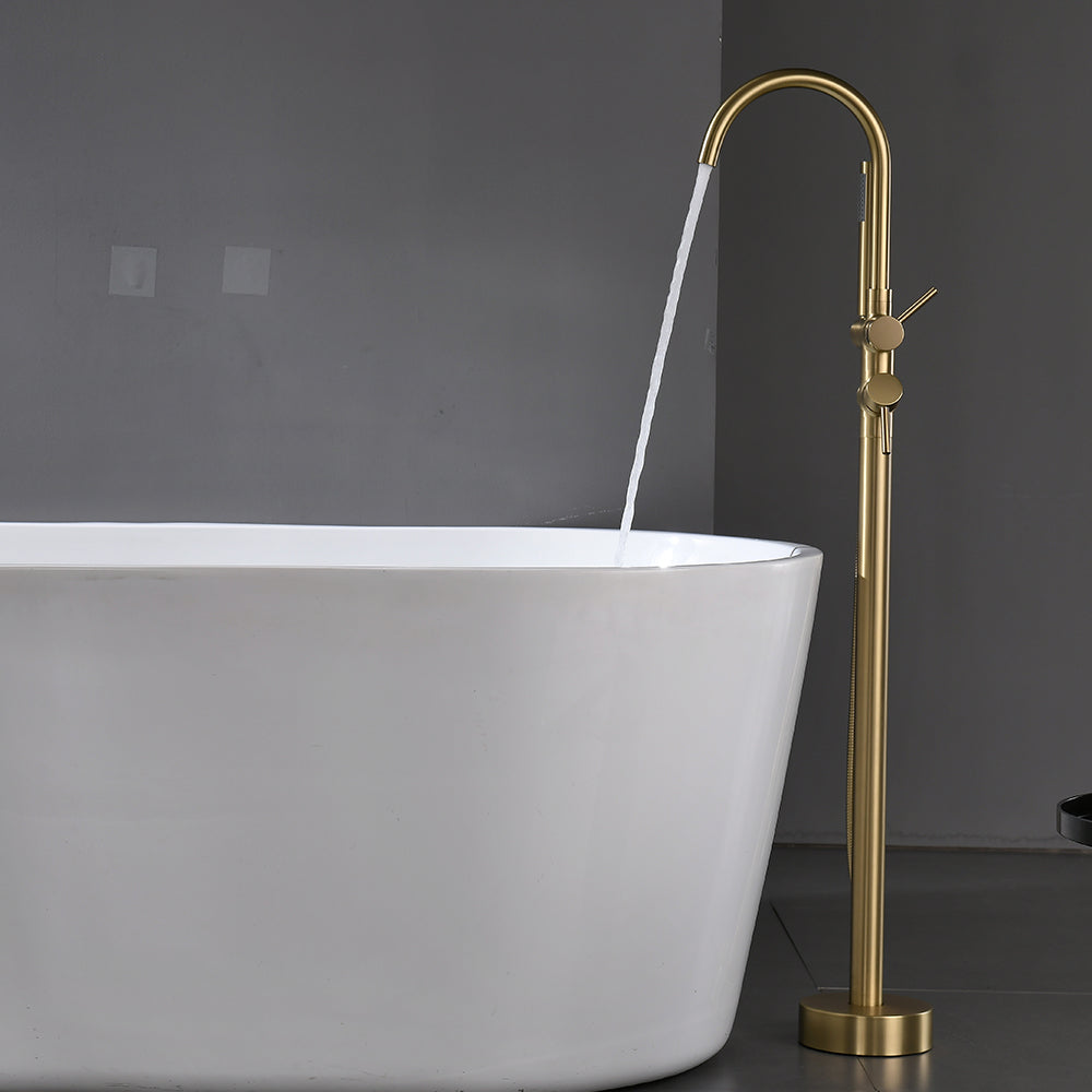 Single Handle Freestanding Tub Filler Floor Mount Bathtub Faucet with Handheld Shower (Brushed Gold)