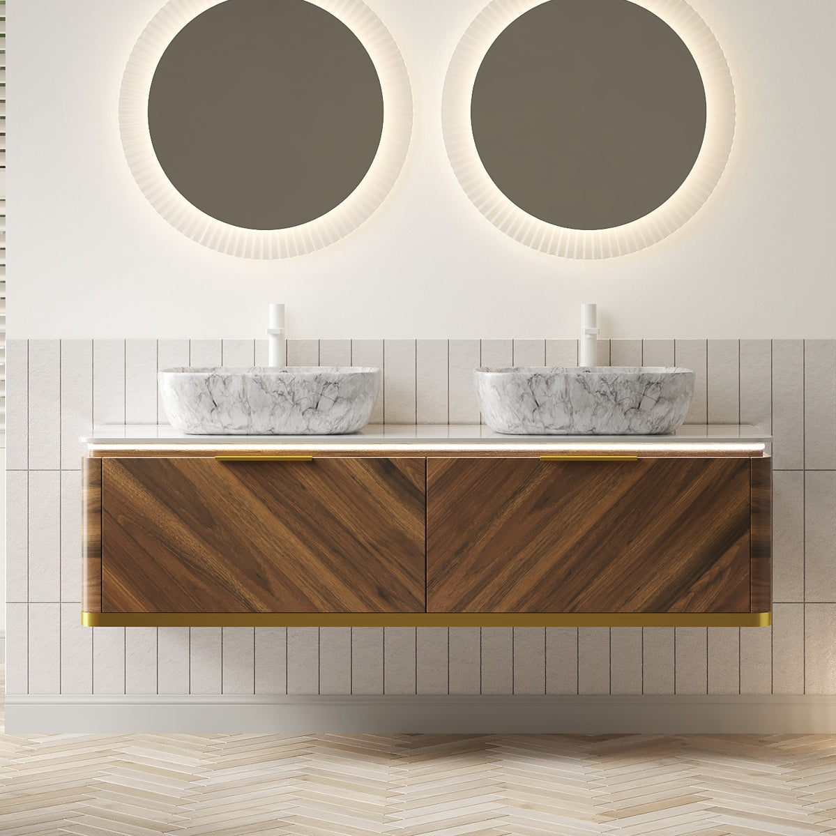 DIPA 60" Bathroom Vanity&Sinks, Floating Plywood Storage Cabinet, 2 Drawers with Sensor Light, 2 Marble Pattern Ceramic Vessel Basins&Sintered Stone Top, Pre-assembled, Dark Walnut Woodgrain Color