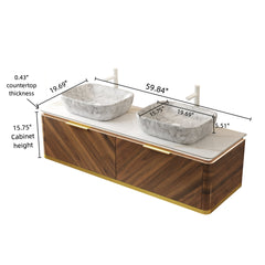DIPA 60" Bathroom Vanity&Sinks, Floating Plywood Storage Cabinet, 2 Drawers with Sensor Light, 2 Marble Pattern Ceramic Vessel Basins&Sintered Stone Top, Pre-assembled, Dark Walnut Woodgrain Color