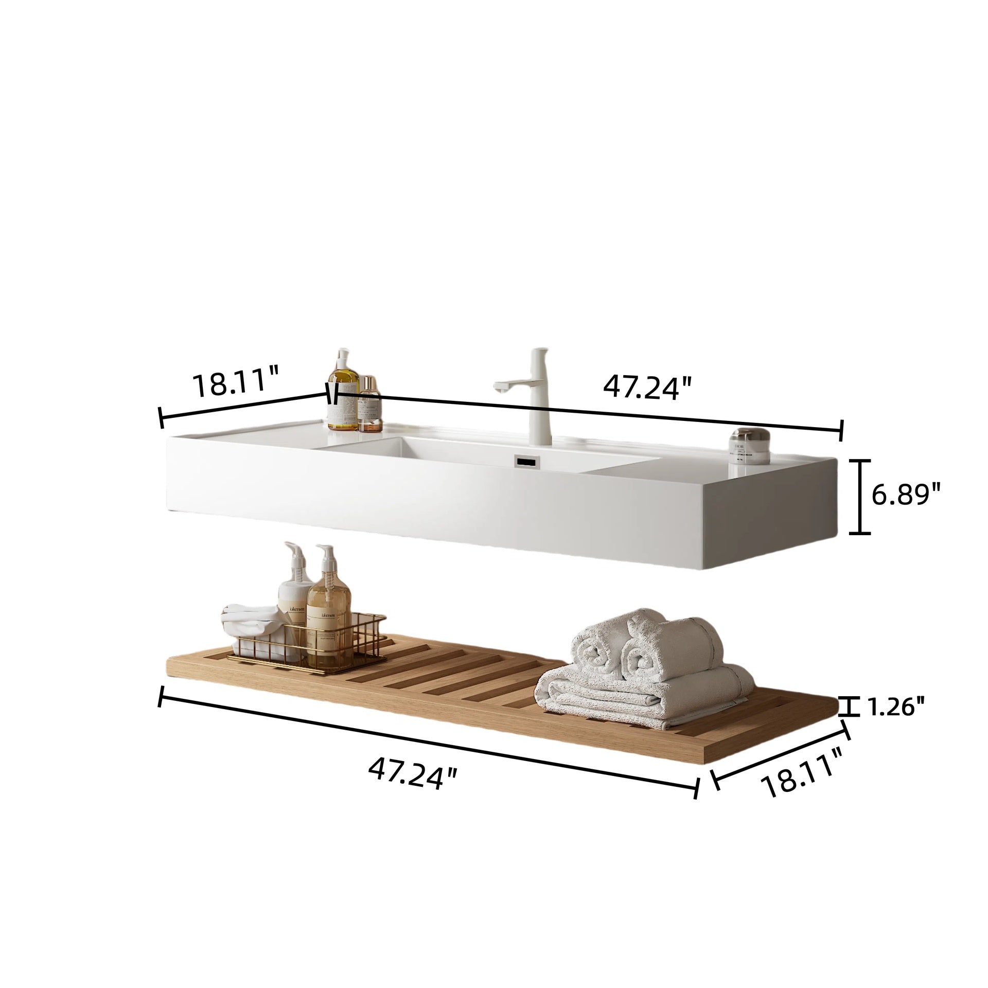LEDE 48" Bathroom Vanity with Vessel Sink, Wall-Mounted Floating White Rectangular Acrylic Integrated Basin without Faucet, Striped Shelves Layer, Natural Woodgrain Color