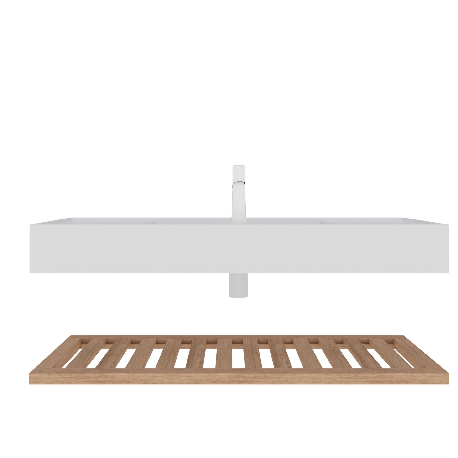 LEDE 48" Bathroom Vanity with Vessel Sink, Wall-Mounted Floating White Rectangular Acrylic Integrated Basin without Faucet, Striped Shelves Layer, Natural Woodgrain Color