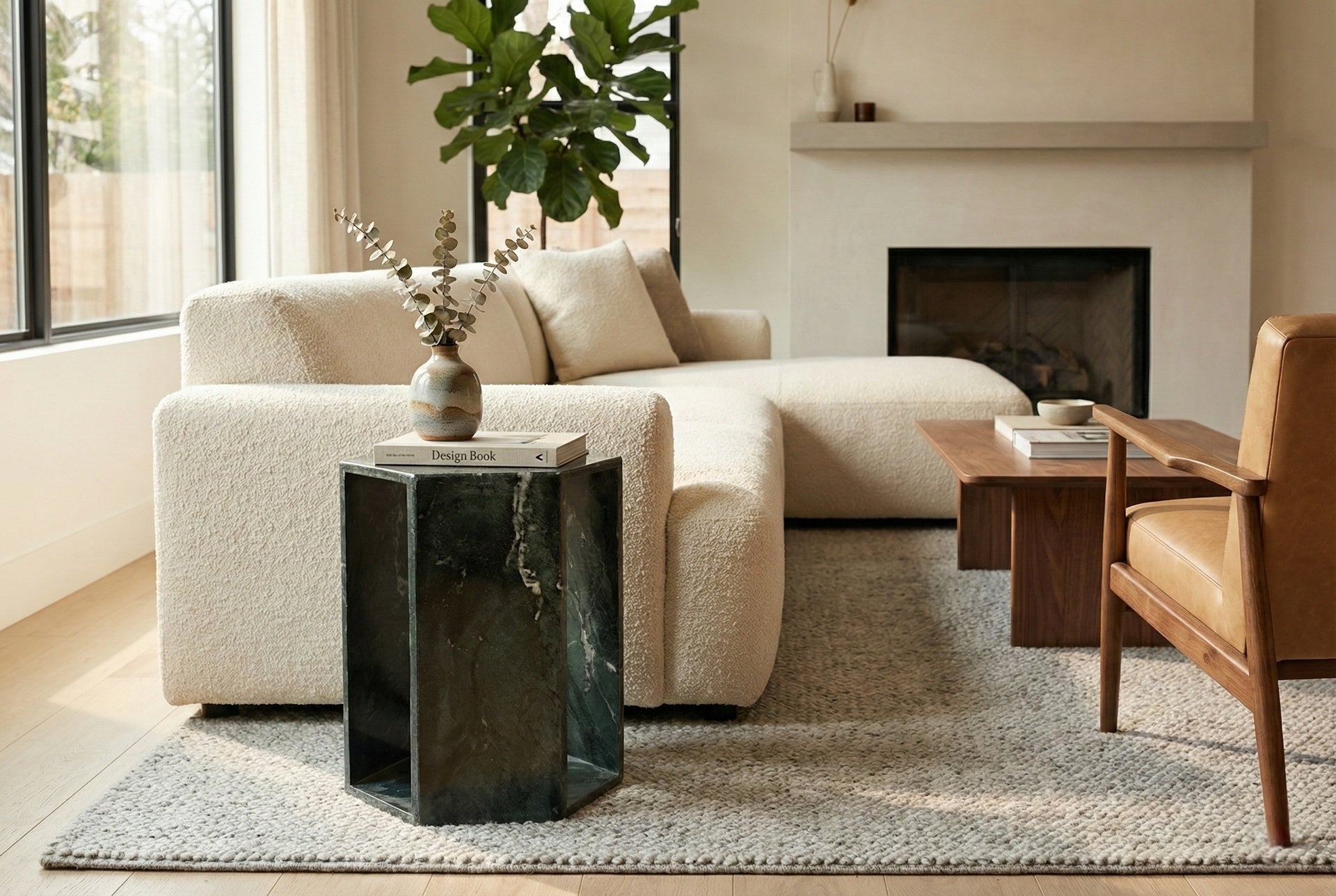 Luxury Green Natural Marble Side Table, 16cm Side Length Hexagonal End Table with Polished Finish, Diamond Green Stone Plinth & Modern Nightstand for Living Room (40cm x 32cm)