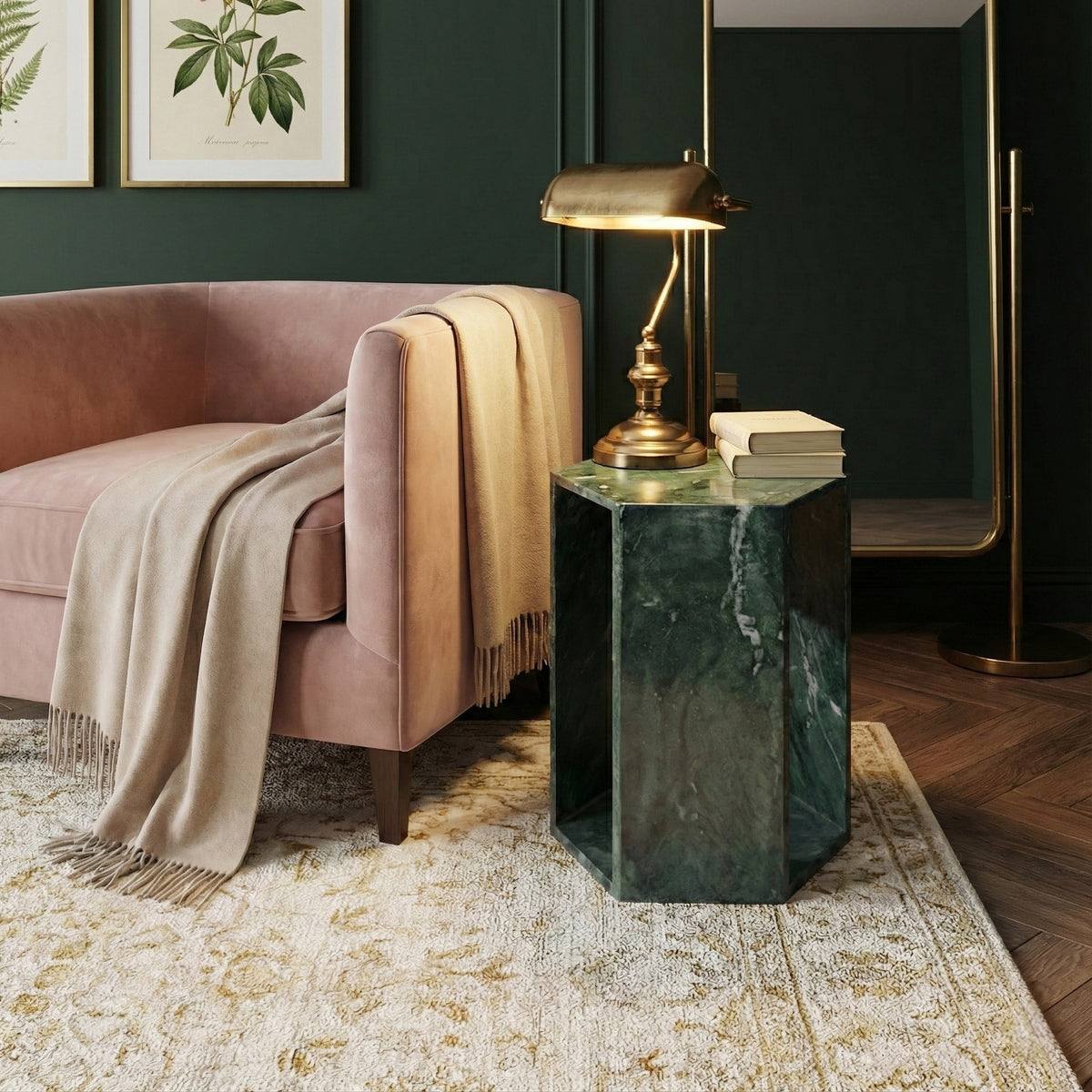 Luxury Green Natural Marble Side Table, 16cm Side Length Hexagonal End Table with Polished Finish, Diamond Green Stone Plinth & Modern Nightstand for Living Room (40cm x 32cm)