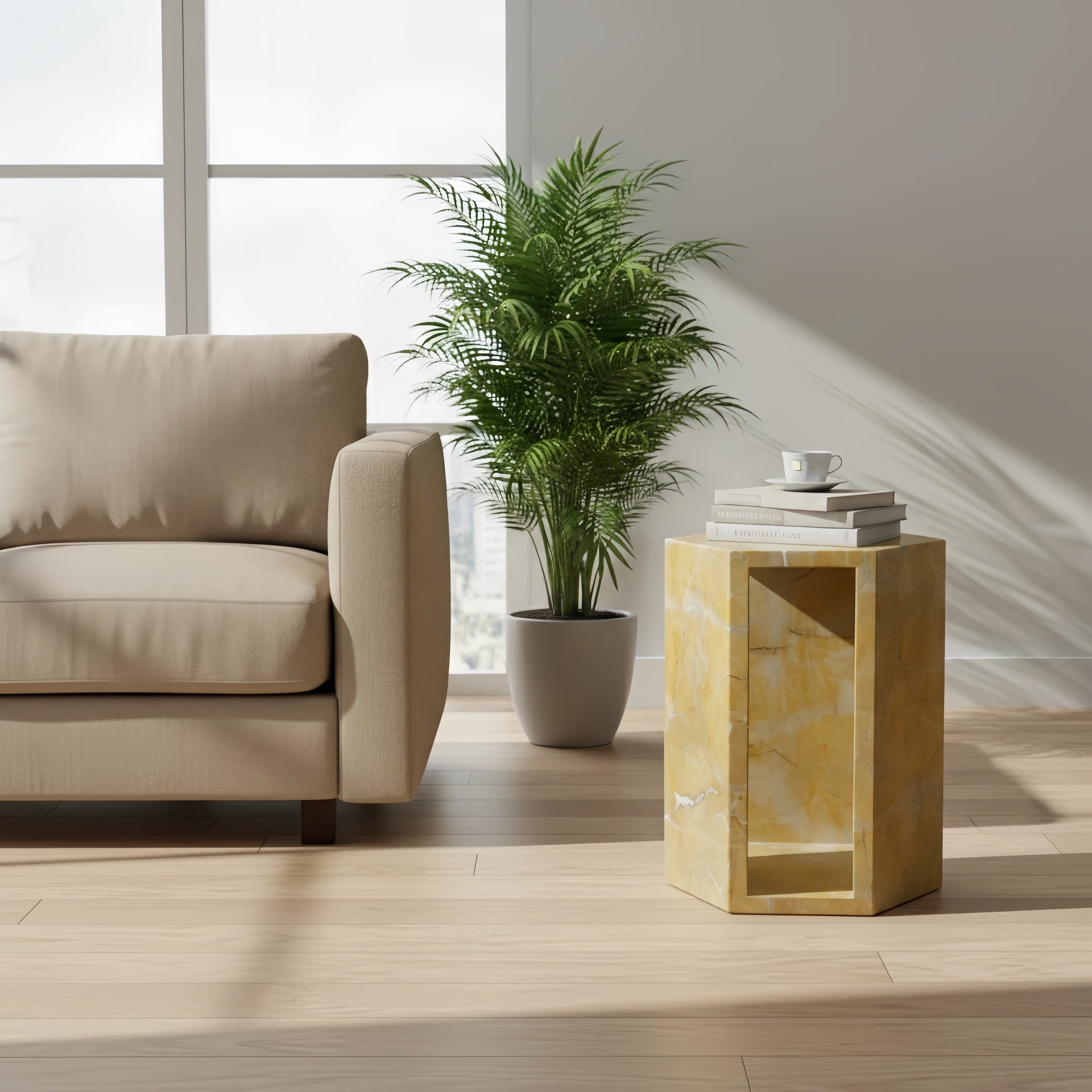 Luxury Spanish Gold Natural Marble Side Table, 16cm Side Length Hexagonal End Table with Polished Finish, Modern Geometric Stone Plinth & Nightstand for Living Room (Yellow/Gold, 40cm x 32cm)