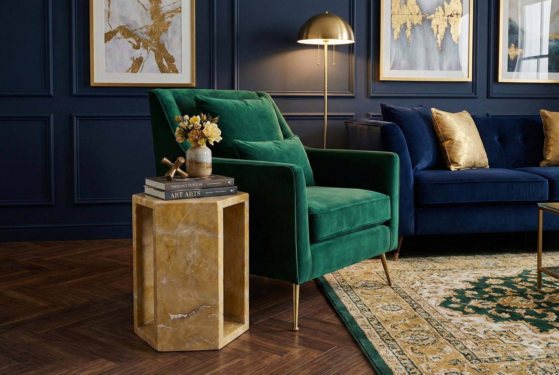 Luxury Spanish Gold Natural Marble Side Table, 16cm Side Length Hexagonal End Table with Polished Finish, Modern Geometric Stone Plinth & Nightstand for Living Room (Yellow/Gold, 40cm x 32cm)